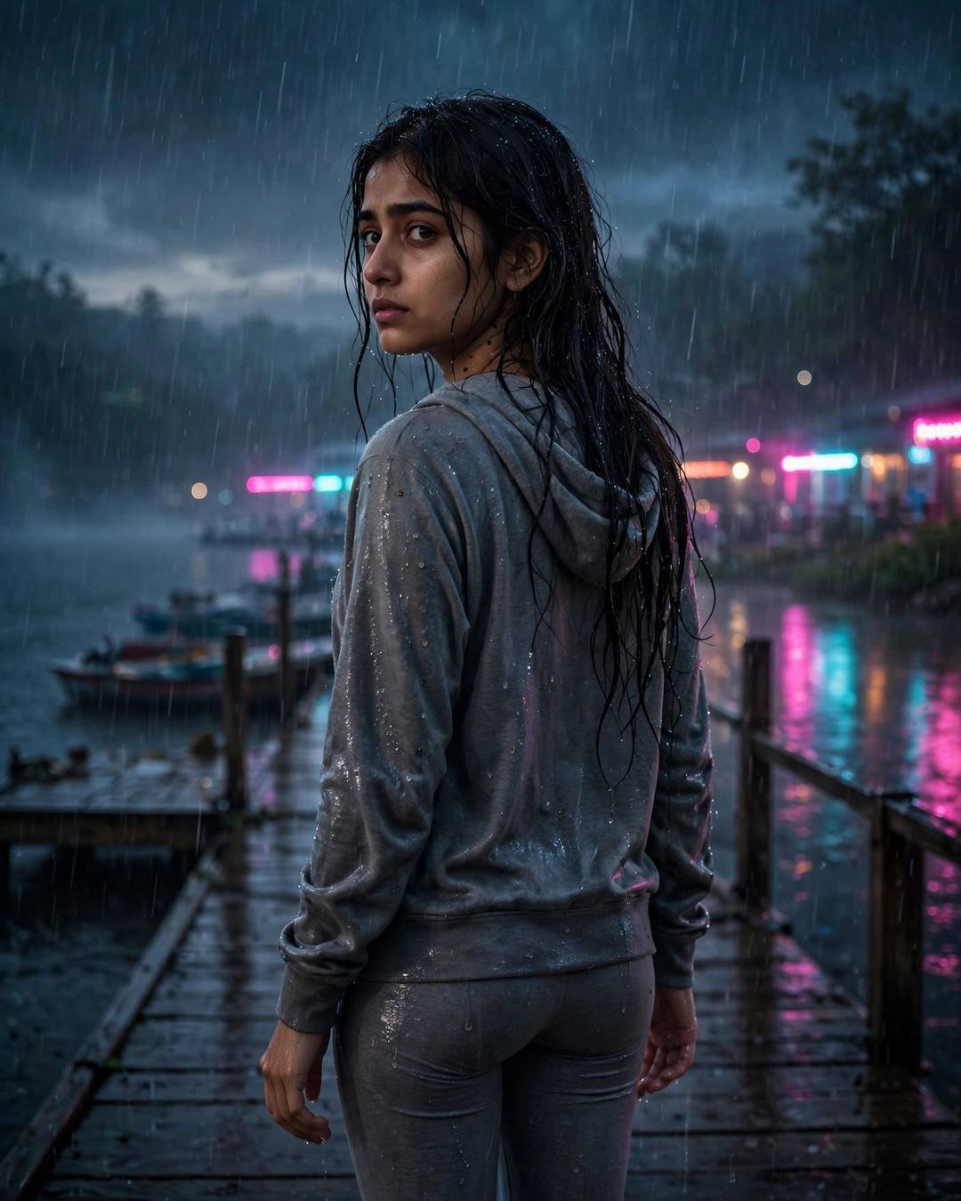 Burning the dried marigolds from their wedding — girl portrait at dawn, grey hoodie and leggings, wet hair clinging softly, grief and letting go, electric mood, cinematic AI photo