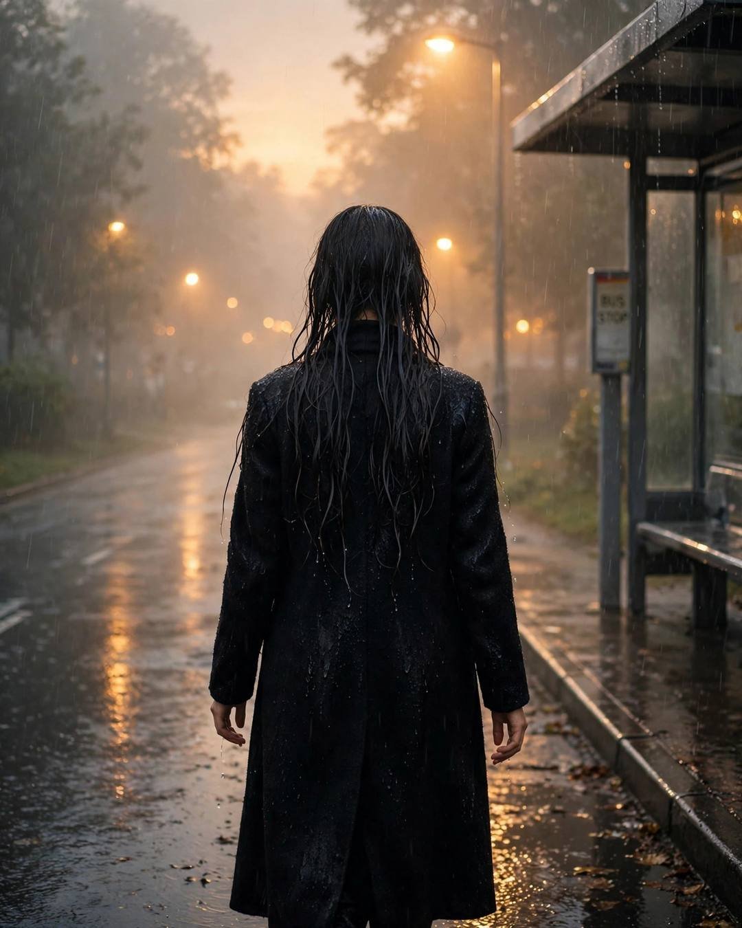 Watering his plant on the windowsill, deciding — girl portrait at bus stop in the rain, black turtleneck with long coat, wet hair clinging softly, grief and letting go, serene mood, cinematic AI photo