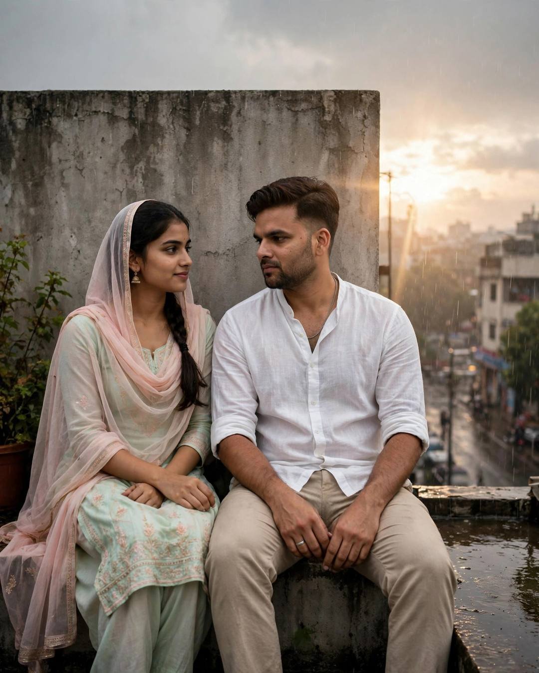 One final shared roadside chai, thin steam — couple portrait at rain-soaked city street, white linen shirt with rolled sleeves, beige trousers, neatly combed side part, one final look, electric mood, cinematic AI photo