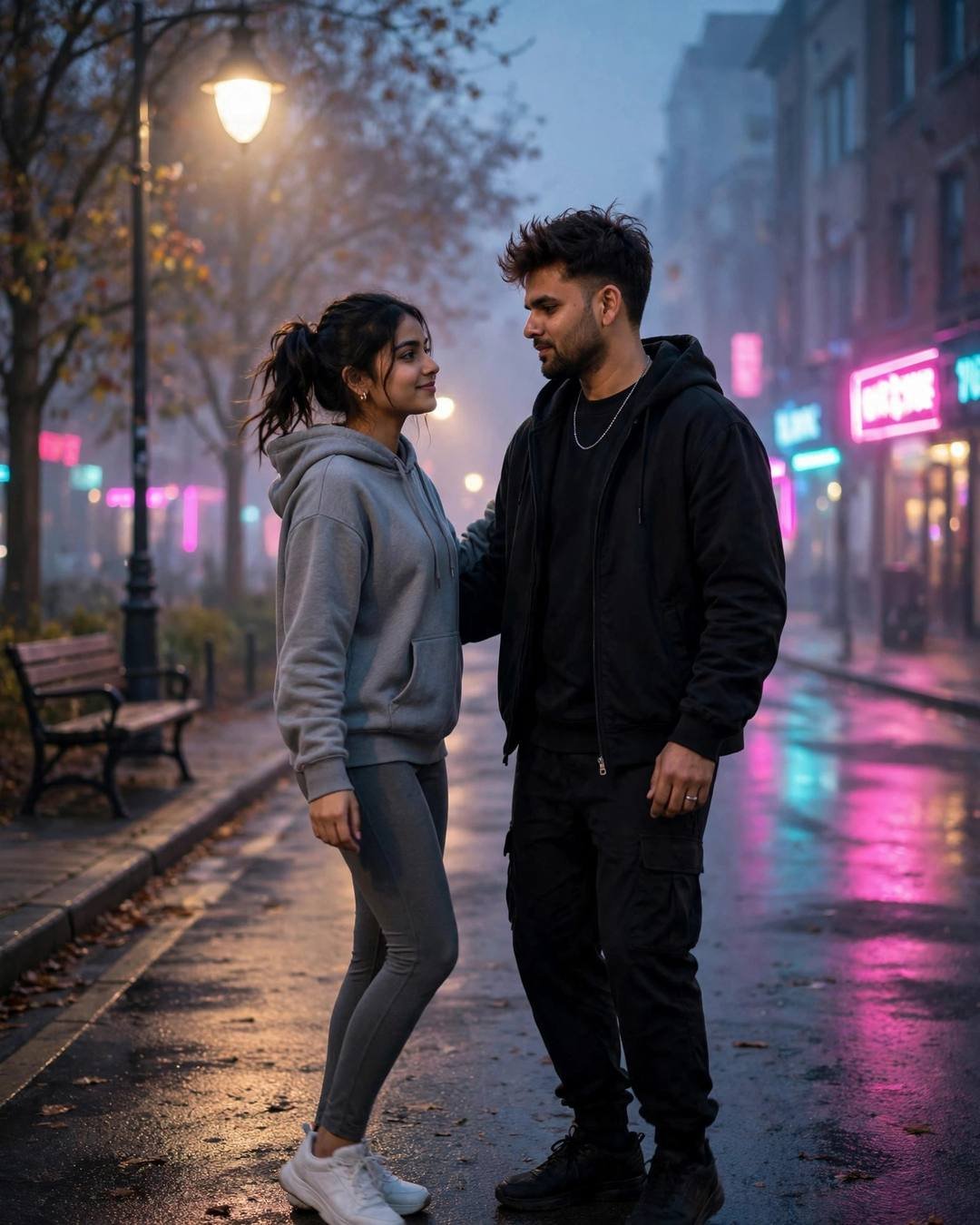 Returning the house keys, the old door — couple portrait at park bench under a lone lamp, all-black streetwear with sneakers, slightly messy morning hair, one final look, serene mood, cinematic AI photo