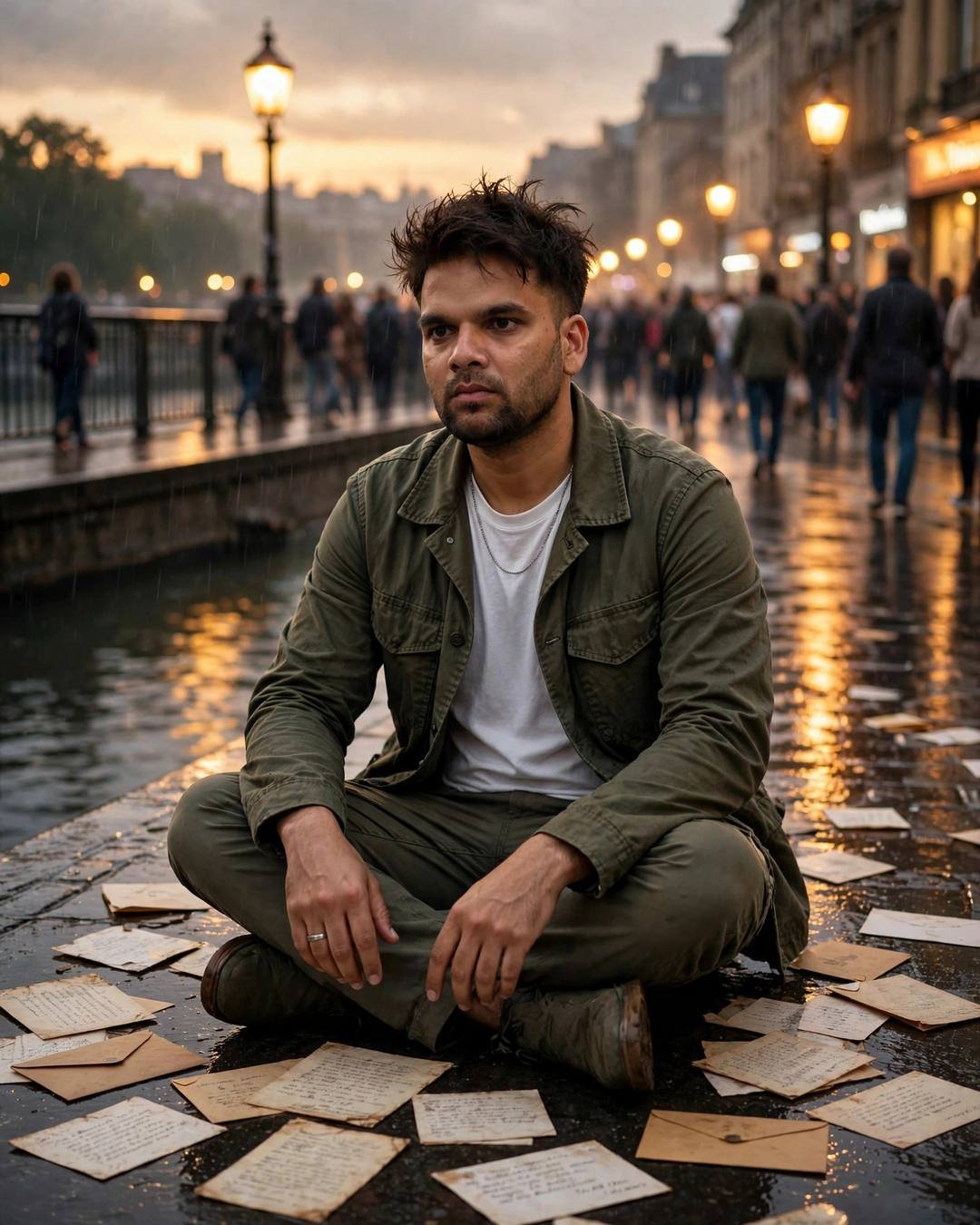 Drinking cutting chai alone on a bustling — boy portrait at bridge over a slow river, olive field jacket, white tee, cargo pants, slightly messy morning hair, alone in a crowd, electric mood, cinematic AI photo