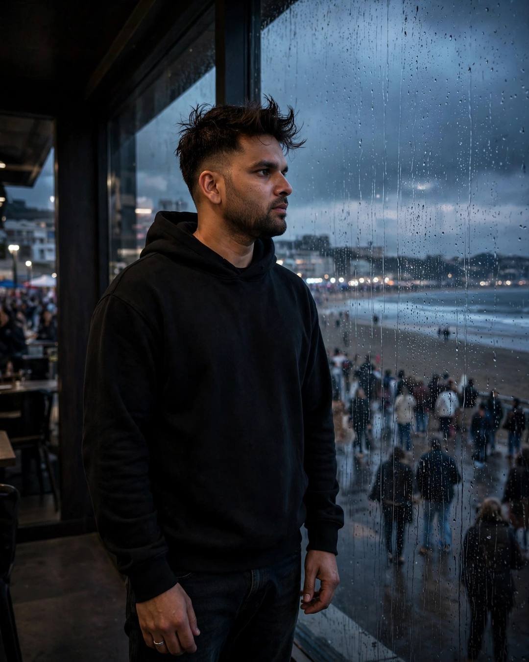 Sitting on the last bench of a — boy portrait at dusk, black oversized hoodie and dark jeans, windswept textured hair, alone in a crowd, serene mood, cinematic AI photo