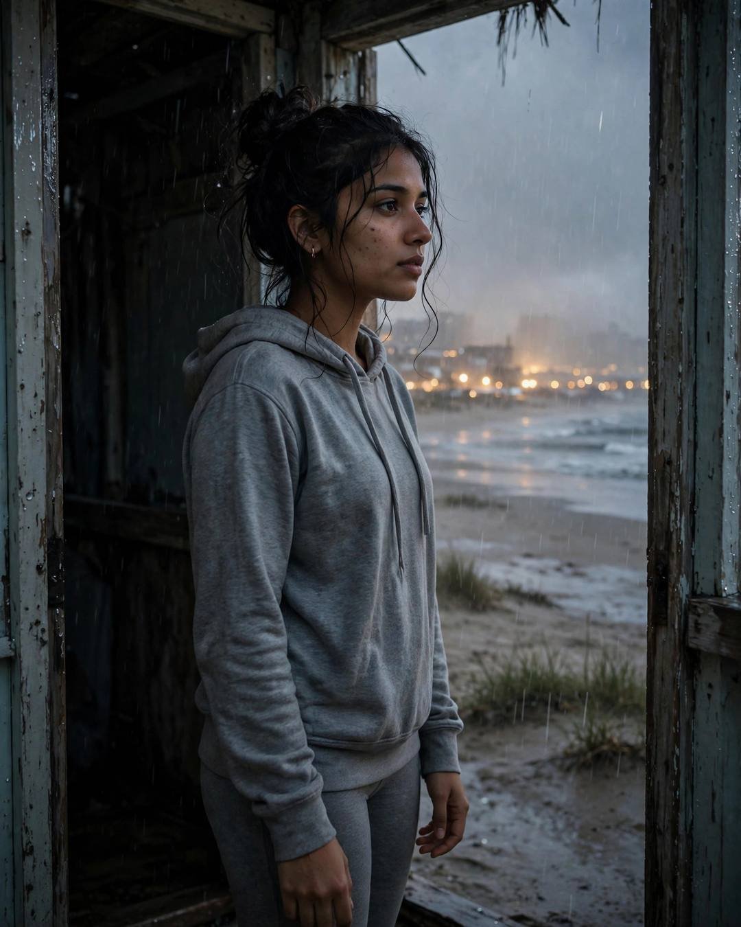 A window seat in an empty classroom — girl portrait at dusk, grey hoodie and leggings, messy bun with stray strands, her own quiet world, bittersweet mood, cinematic AI photo
