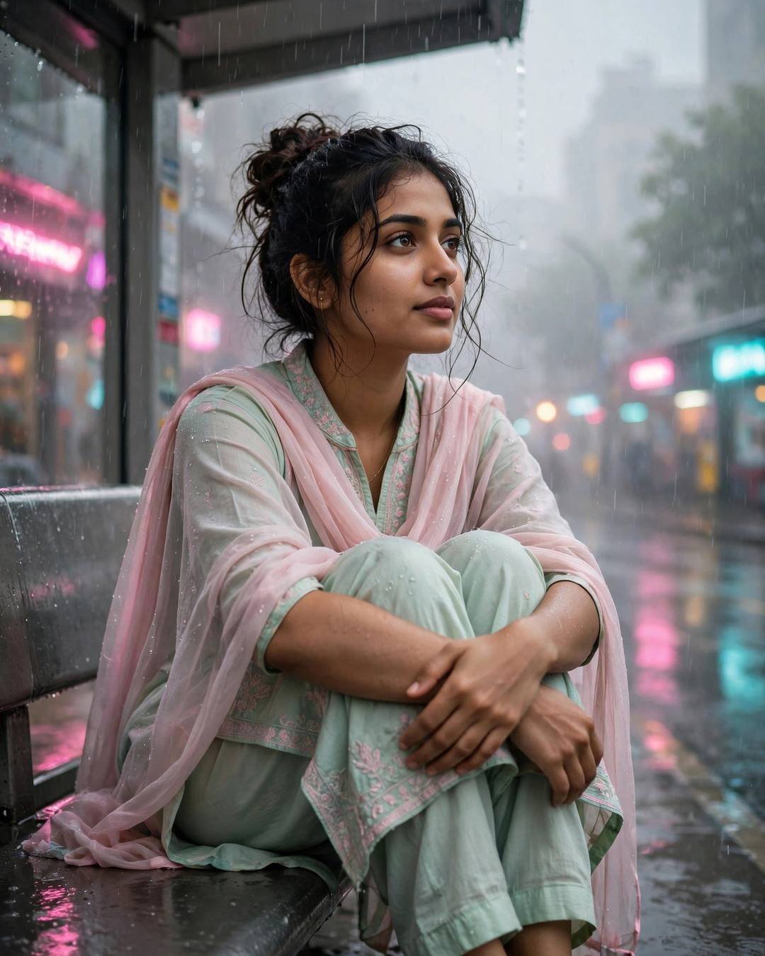 Folding clothes that are all hers, the — girl portrait at bus stop in the rain, pastel salwar-kameez with dupatta, messy bun with stray strands, her own quiet world, hopeful mood, cinematic AI photo