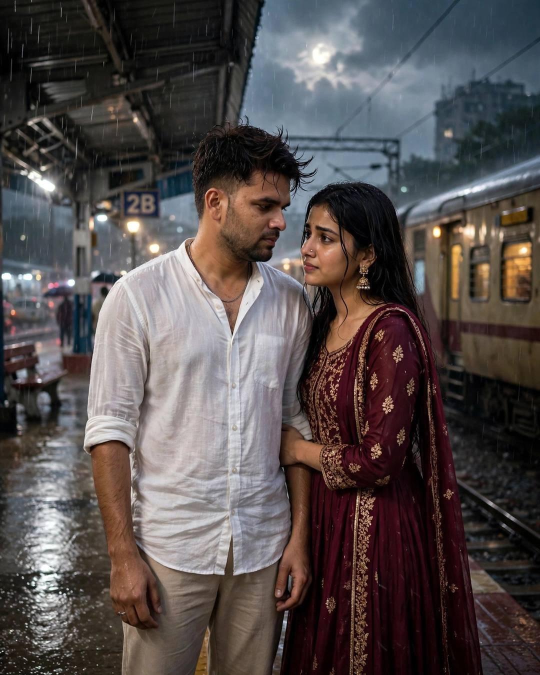 Matching red thread bracelets bought at an — couple portrait at rain-soaked city street, white linen shirt with rolled sleeves, beige trousers, windswept textured hair, miles apart, synced hearts, aching mood, cinematic AI photo