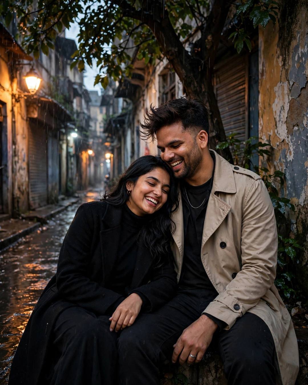 His wristwatch permanently set to her timezone, — couple portrait at narrow old-city lane with peeling walls, beige trench coat over dark layers, windswept textured hair, miles apart, synced hearts, passionate mood, cinematic AI photo