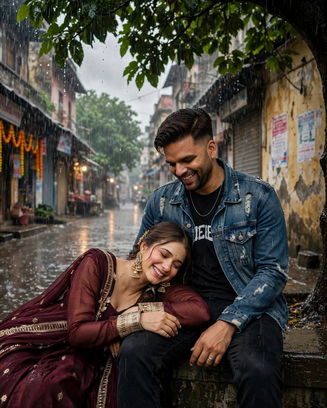 Two cups of chai at sunrise, his — couple portrait at narrow old-city lane with peeling walls, distressed denim jacket over black tee, neatly combed side part, miles apart, synced hearts, melancholic mood, cinematic AI photo