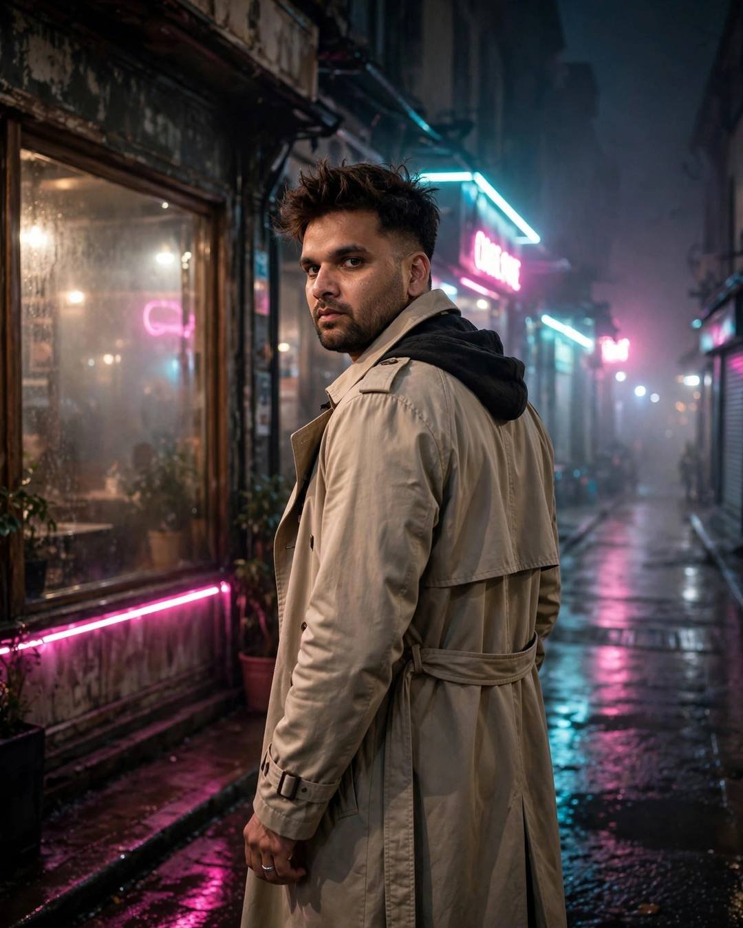 Driving past her house, slowing down, not — boy portrait at old cafe by a fogged window, beige trench coat over dark layers, slightly messy morning hair, what could have been, passionate mood, cinematic AI photo