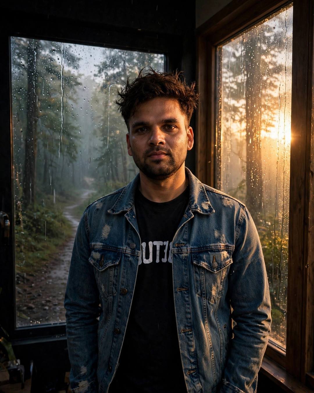 Finding a faded movie stub in his — boy portrait at misty forest path, distressed denim jacket over black tee, slightly messy morning hair, what could have been, hopeful mood, cinematic AI photo