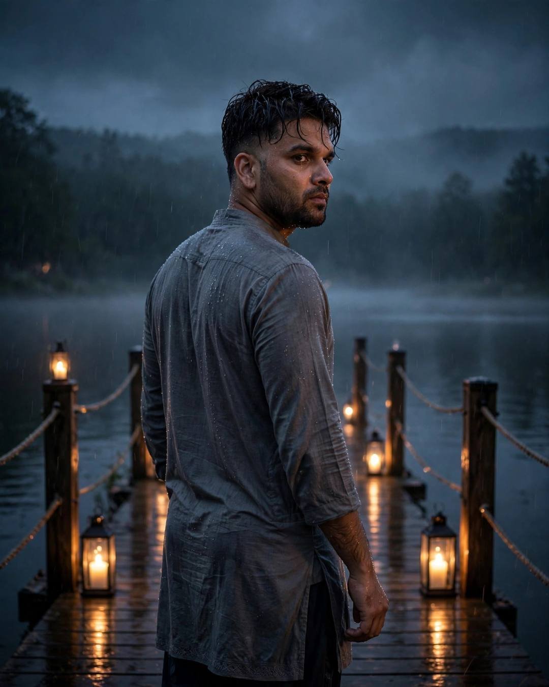 Returning to their old hilltop spot, now — boy portrait at dawn, grey kurta with dark pajama, damp rain-wet hair, what could have been, aching mood, cinematic AI photo