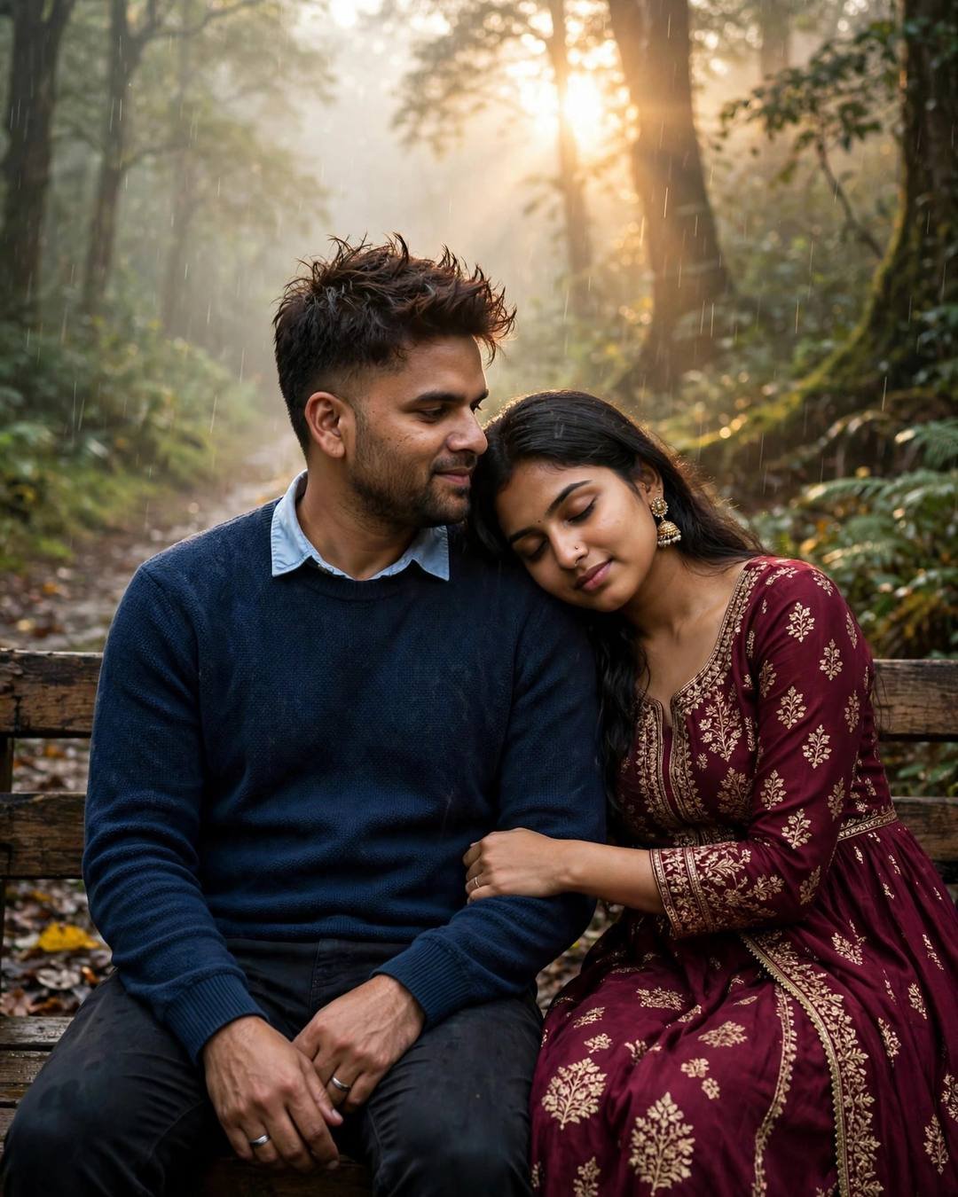 The first fight, the first sorry, one — Love Story cinematic AI photo, navy sweater over collared shirt, slightly messy morning hair, sitting close on a bench, her head resting on his shoulder at misty forest path; light rain, dawn with golden-hour backlight with lens flare