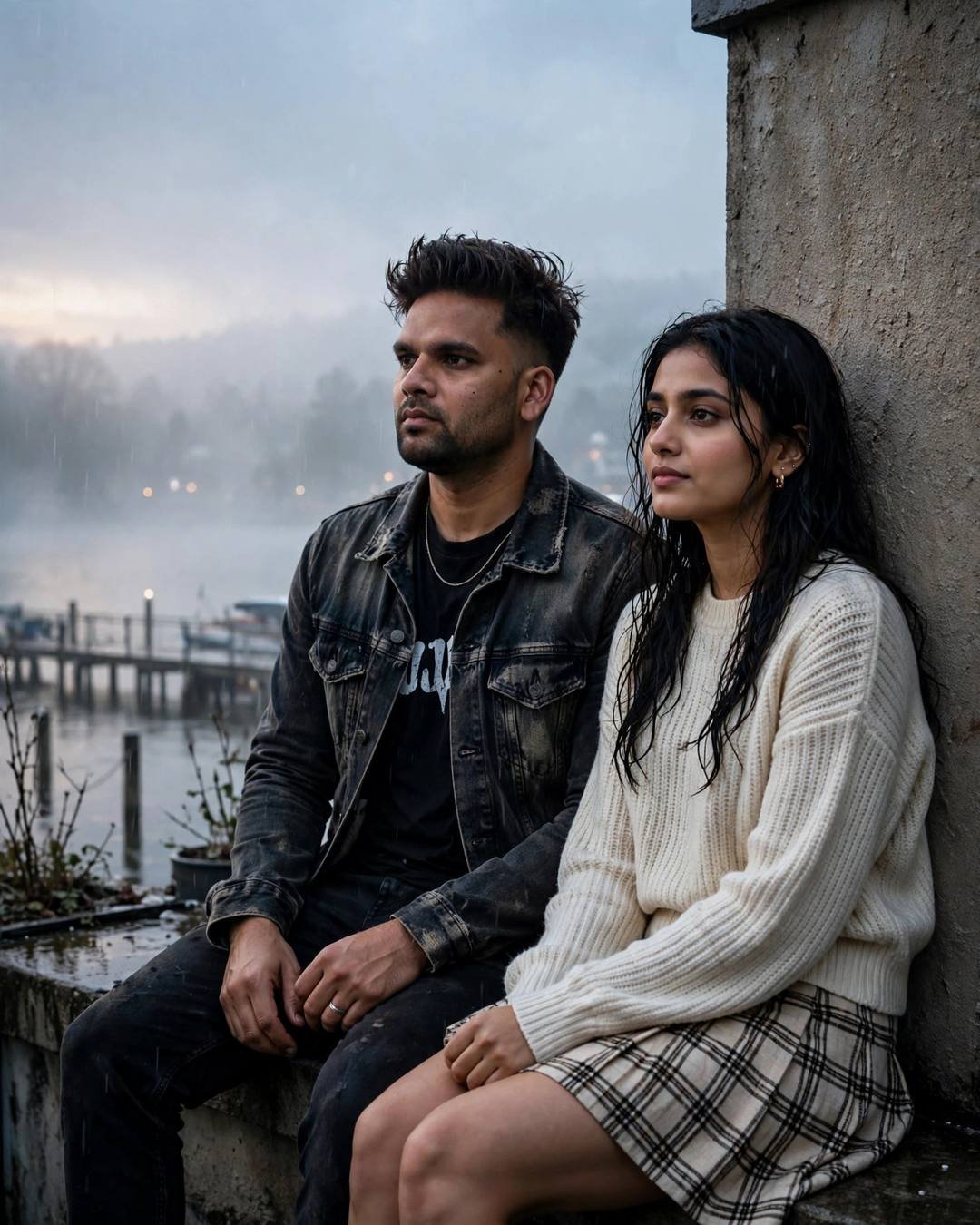 Her name called out in a crowded — Meeting After Years cinematic AI photo, distressed denim jacket over black tee, windswept textured hair, sitting on a rooftop, backs against the wall, sharing silence at quiet lake pier at dawn; light rain, midnight with pale dawn light through fog