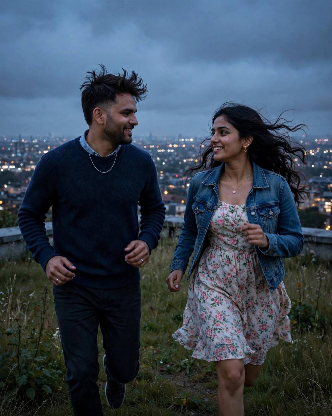 Her familiar voice rising clear above the — Meeting After Years cinematic AI photo, navy sweater over collared shirt, slightly messy morning hair, running toward each other across a sunlit field at rooftop overlooking sleeping city lights; clear cold night, midnight with diffused overcast daylight