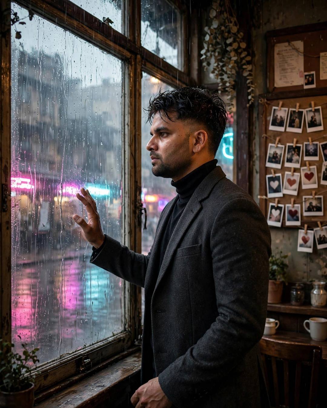 Their initials carved in a tree, now — Memories cinematic AI photo, charcoal blazer, black turtleneck, towel-dried tousled hair, standing at a rain-streaked window, one hand on the glass at old cafe by a fogged window; heavy monsoon rain, dawn with neon pink and cyan spill