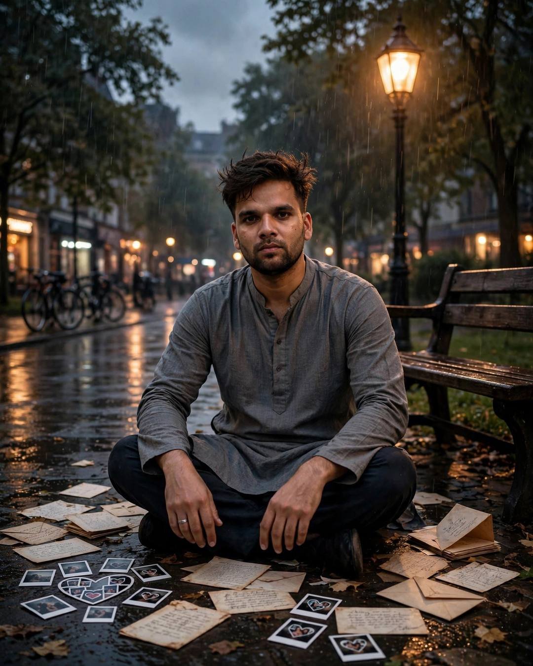 Her half-empty perfume bottle standing untouched on — Memories cinematic AI photo, grey kurta with dark pajama, slightly messy morning hair, sitting cross-legged on the floor surrounded by old letters at park bench under a lone lamp; post-rain wet streets, overcast afternoon with candlelight warmth in darkness