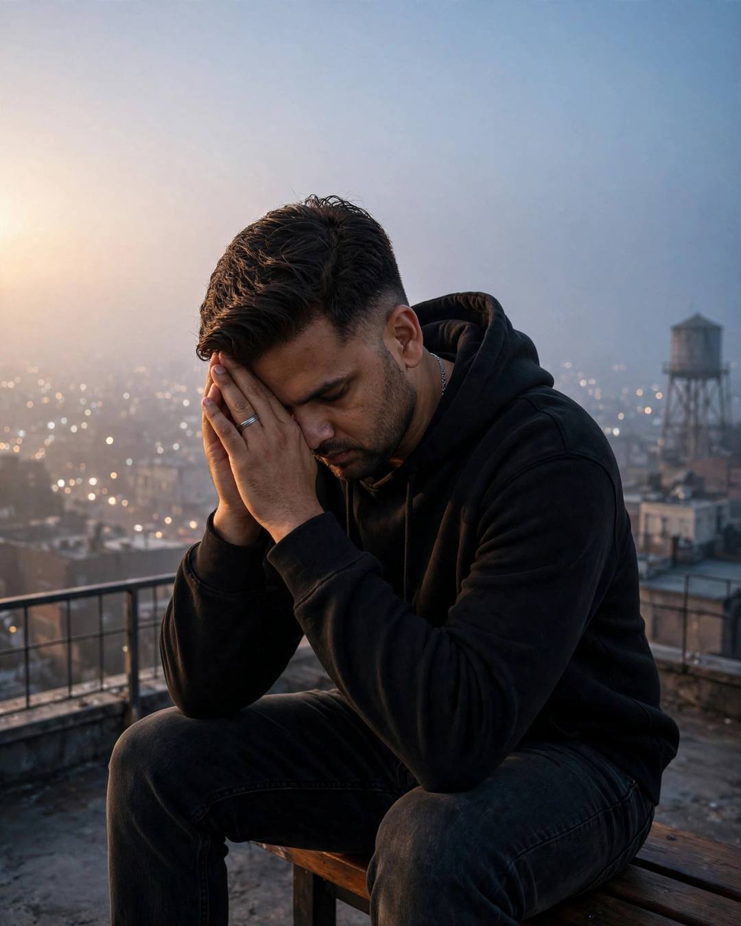 Catching a trace of her perfume on — boy portrait at rooftop overlooking sleeping city lights, black oversized hoodie and dark jeans, neatly combed side part, the weight of absence, fragile mood, cinematic AI photo
