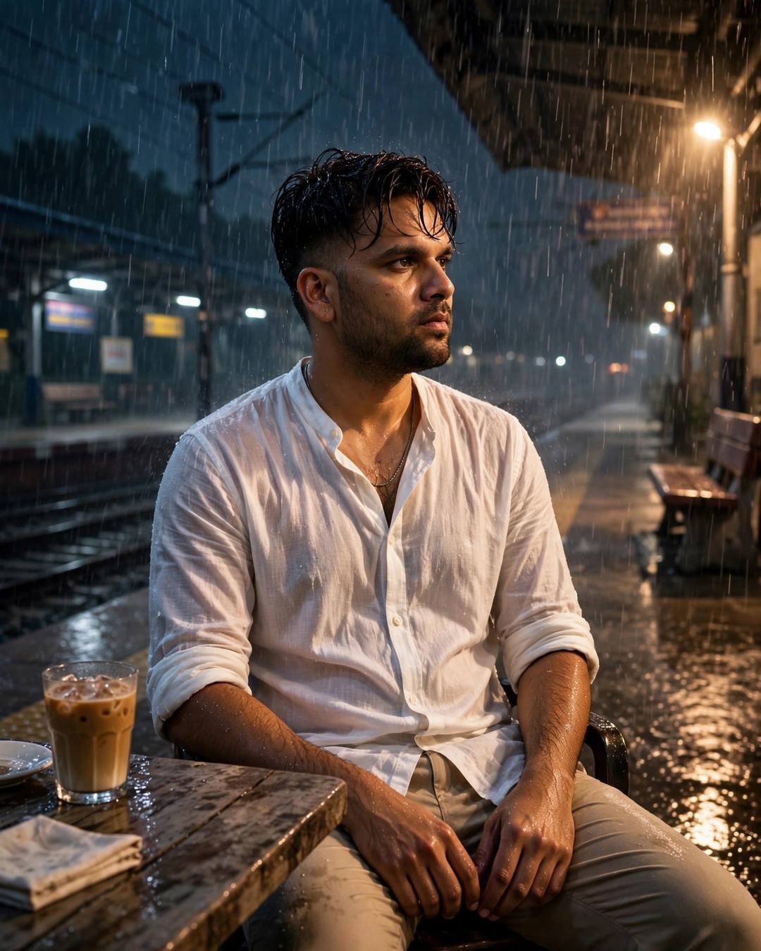 Counting the lit windows in the apartment — Moody Boy cinematic AI photo, white linen shirt with rolled sleeves, beige trousers, damp rain-wet hair, sitting at a cafe table, cradling a cold coffee, lost in thought at empty railway platform at night; heavy monsoon rain, late evening with dramatic single-source side light