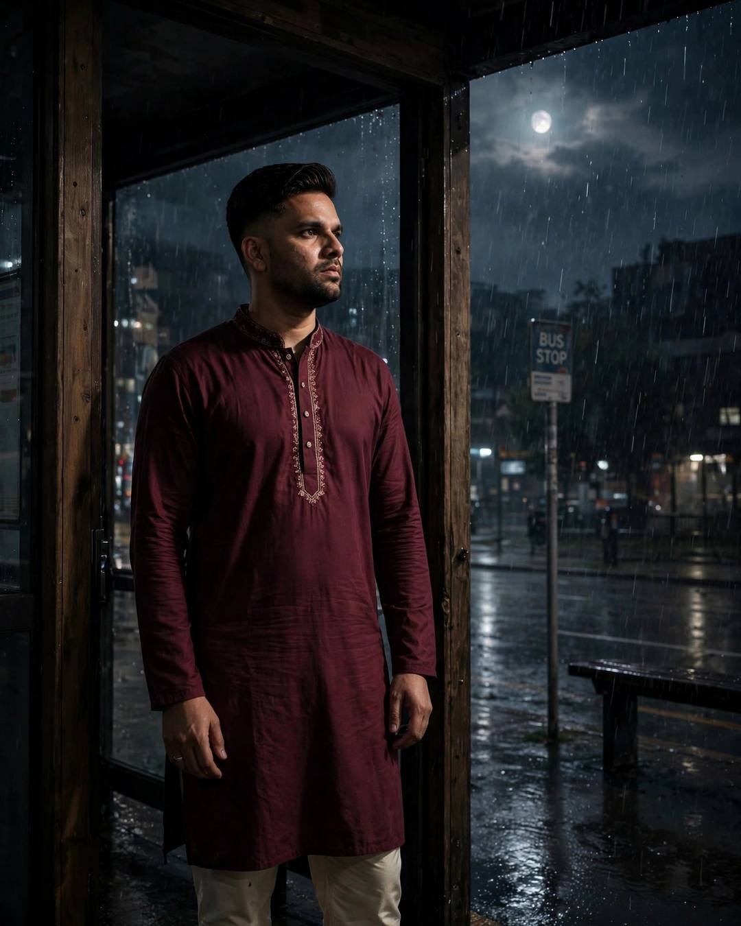 Sitting cross-legged on the cold floor surrounded — Moody Boy cinematic AI photo, maroon kurta with cream churidar, neatly combed side part, standing in a doorway, half in shadow at bus stop in the rain; overcast gloom, midnight with moonlight with deep shadows