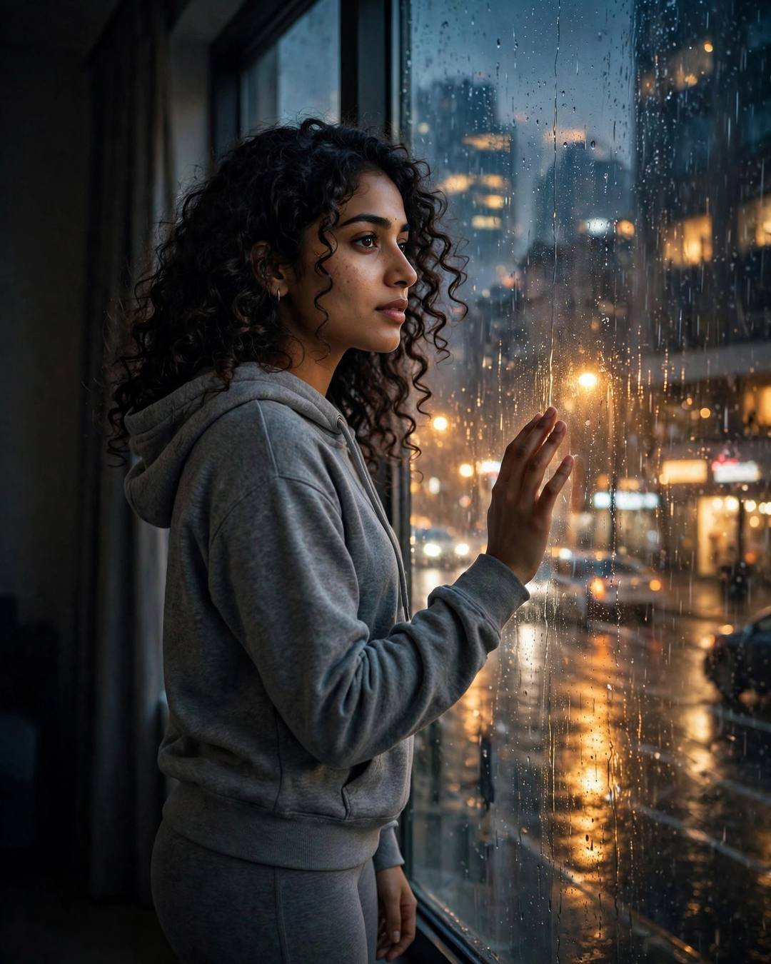Oversized shirt, bare feet, midnight thoughts — Moody Girl cinematic AI photo, grey hoodie and leggings, soft curls framing the face, standing at a rain-streaked window, one hand on the glass at rain-soaked city street; clear cold night, golden hour with rain-diffused city glow