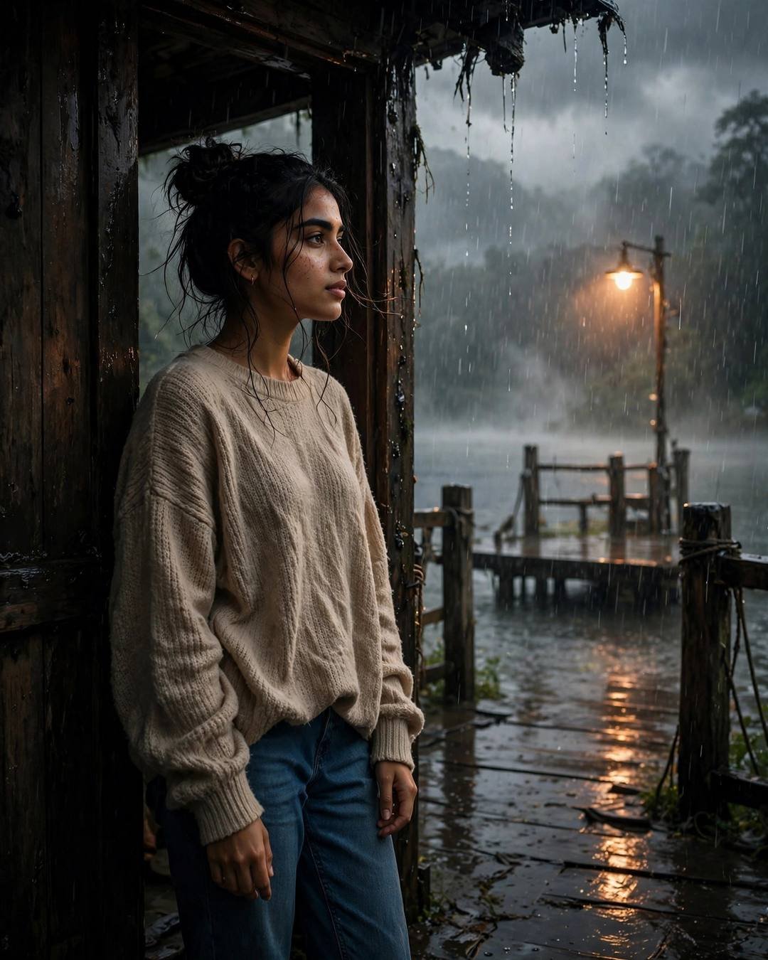Sitting by the rain-streaked window with her — Moody Girl cinematic AI photo, oversized beige sweater and jeans, messy bun with stray strands, standing in a doorway, half in shadow at quiet lake pier at dawn; heavy monsoon rain, overcast afternoon with warm sodium streetlamp light