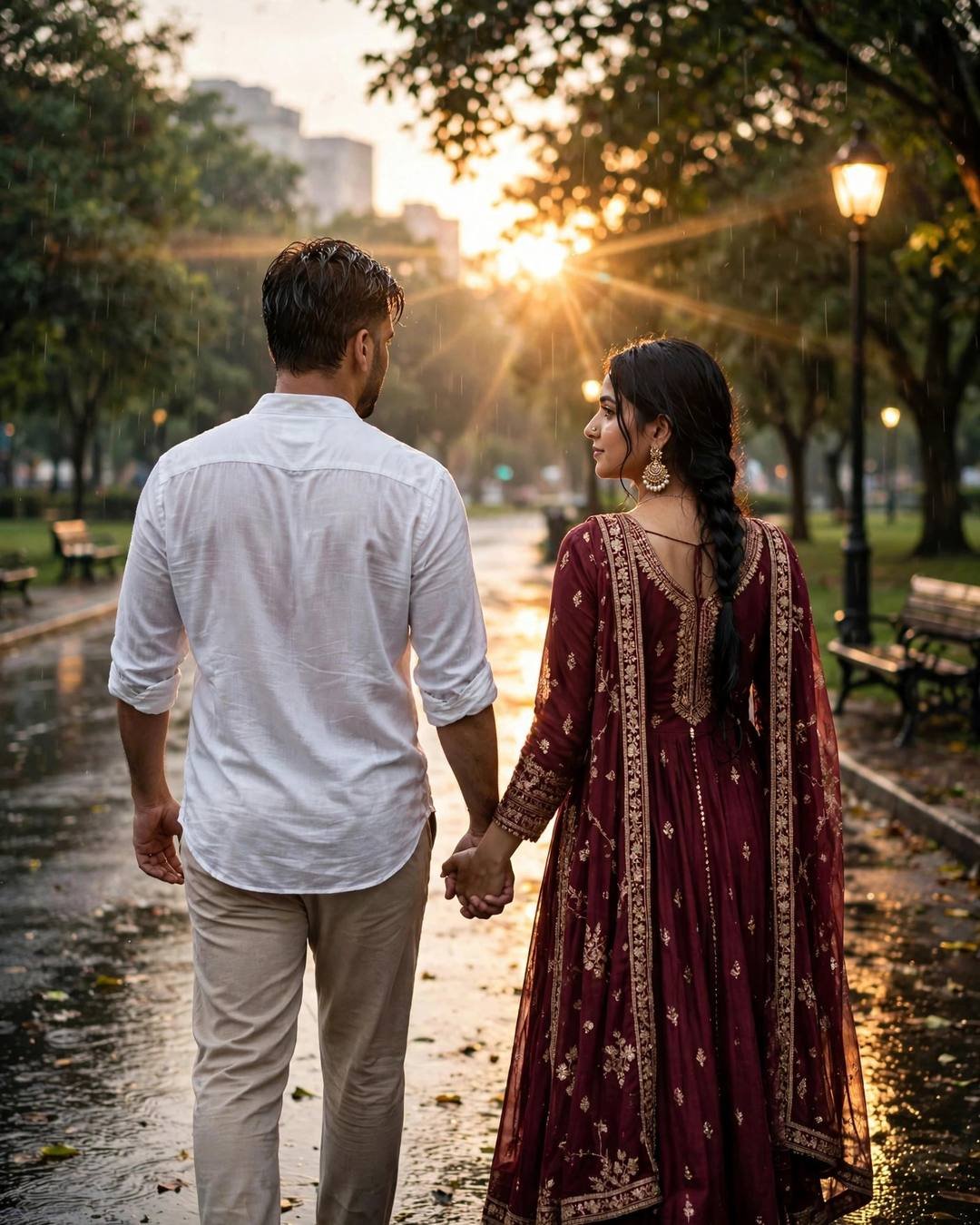 A bright rainbow arcing high over them — Nature Couple portrait, white linen shirt with rolled sleeves, cinematic mood photography