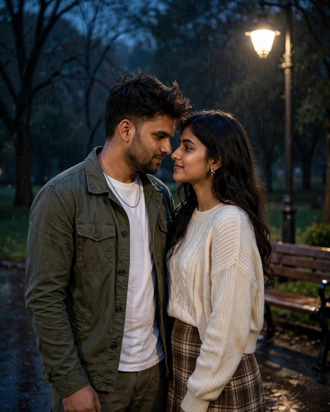 Couple standing face to face with foreheads almost touching beside a park bench under a lone lamp at night, man in olive field jacket, woman in cream knit top and plaid skirt