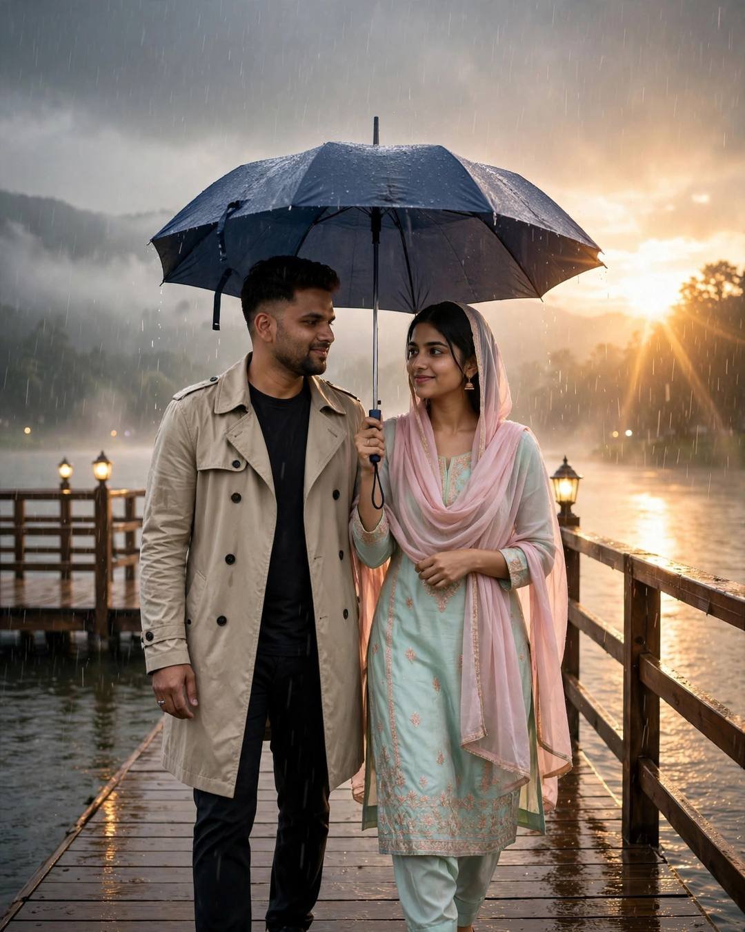 Couple walking side by side under one umbrella on a wooden lake pier in heavy monsoon rain at golden backlight, man in beige trench coat, woman in pastel salwar-kameez with pink dupatta