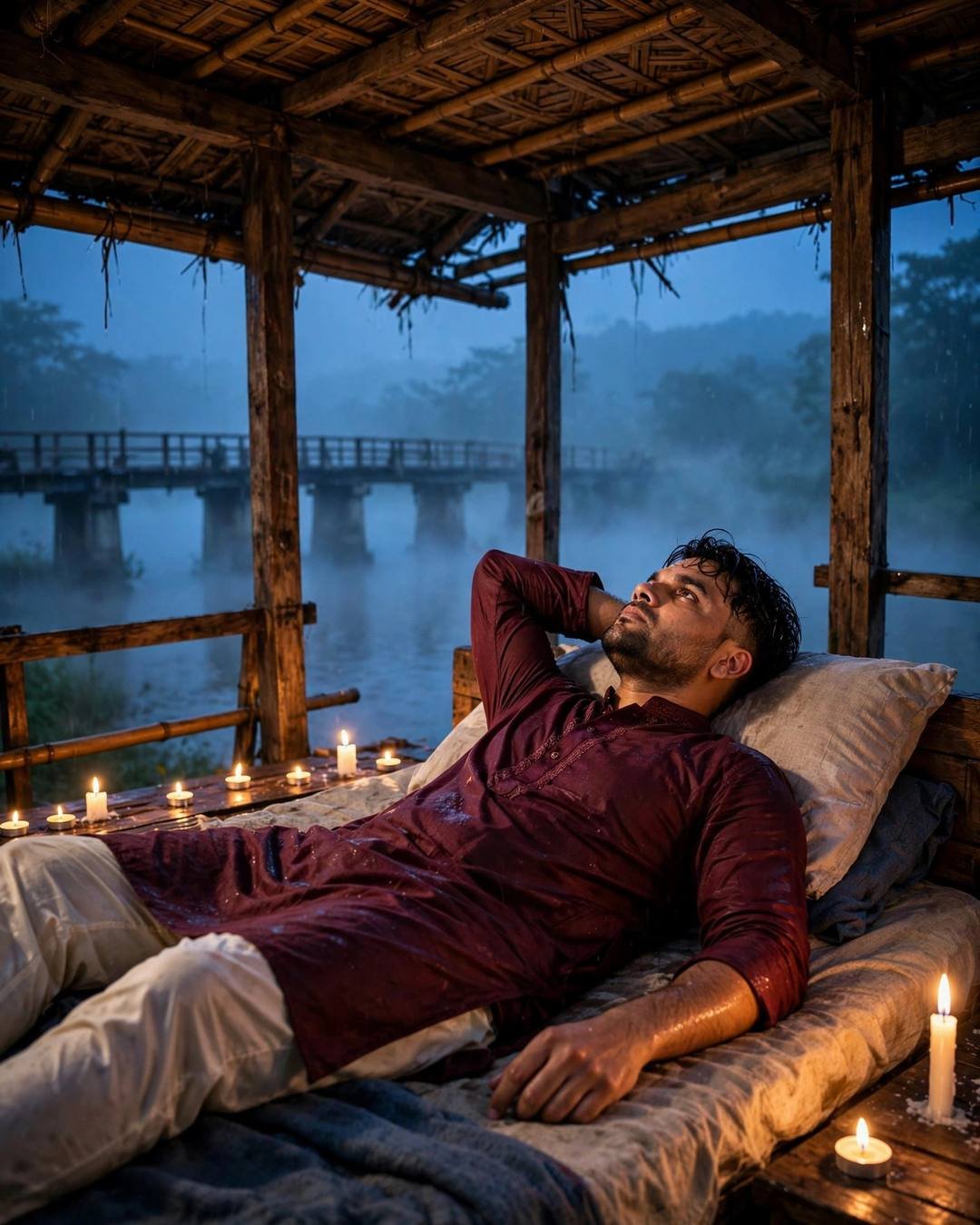 Standing in her wedding crowd, smiling through — One-Sided Love AI portrait, maroon kurta with cream churidar, damp rain-wet hair, at a riverside shelter by a bridge in fog