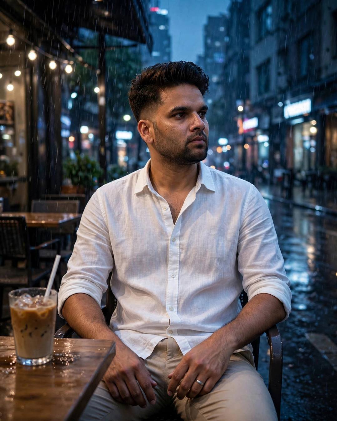 Learning to brew her favourite coffee, quietly — One-Sided Love AI portrait, white linen shirt with rolled sleeves, beige trousers, neatly combed side part, at a cafe table on a rain-soaked street at night