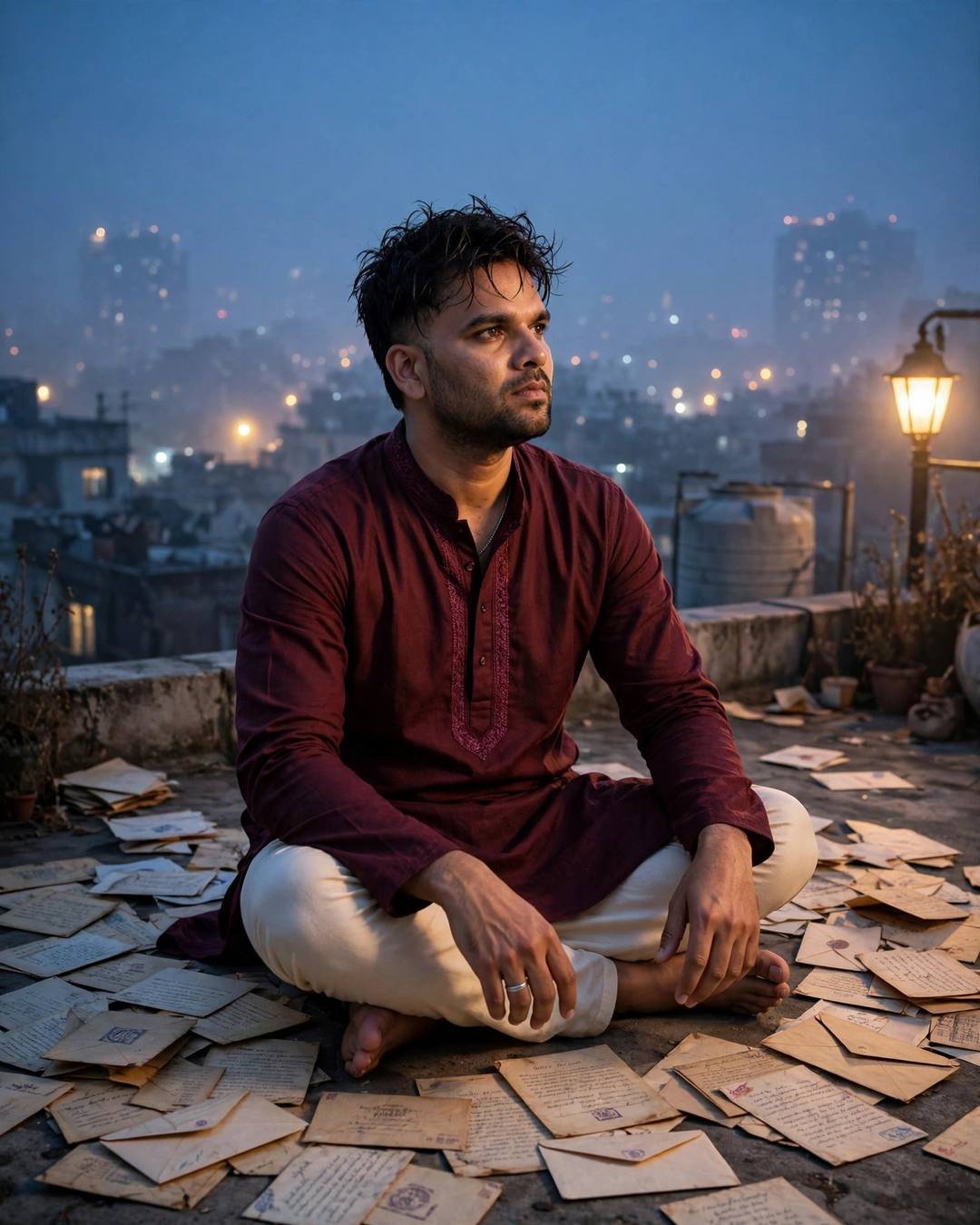 Saving the bus seat beside him, hoping — One-Sided Love AI portrait, maroon kurta with cream churidar, towel-dried tousled hair, at a rooftop above sleeping city lights in fog