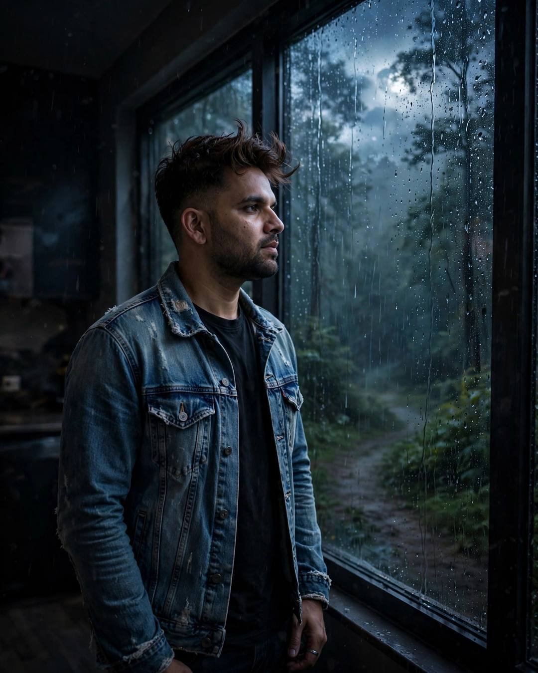 Writing her name in his diary, then — One-Sided Love AI portrait, distressed denim jacket over black tee, windswept textured hair, at a rain-streaked window over a misty forest path