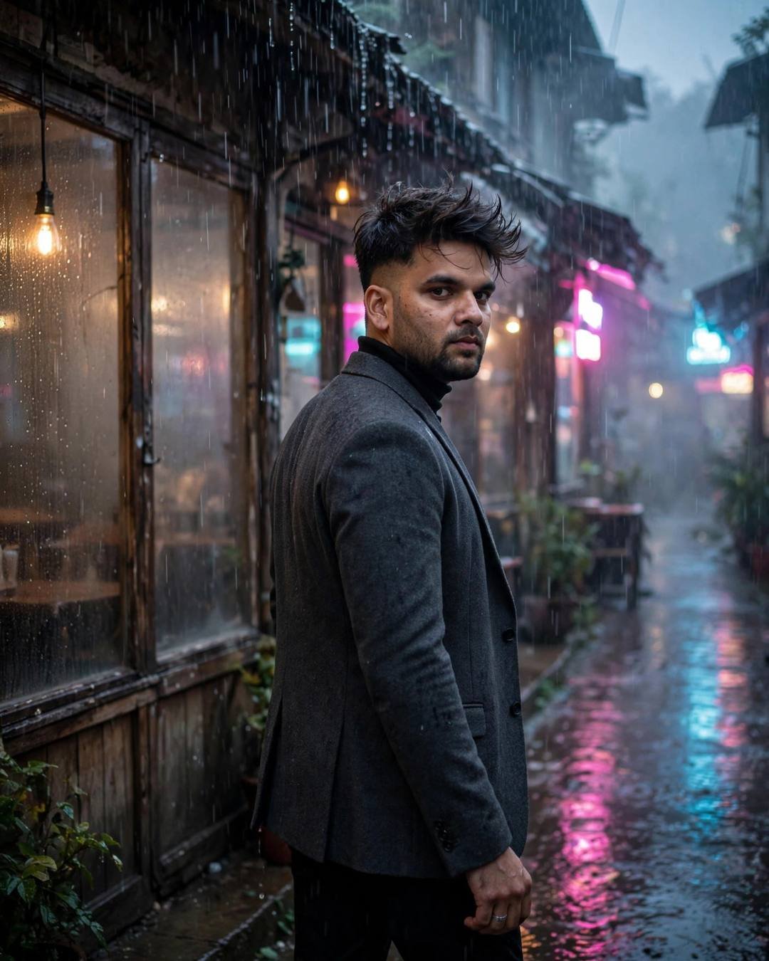 Lying on a cold bench under a — Railway Station portrait, charcoal blazer, cinematic mood photography