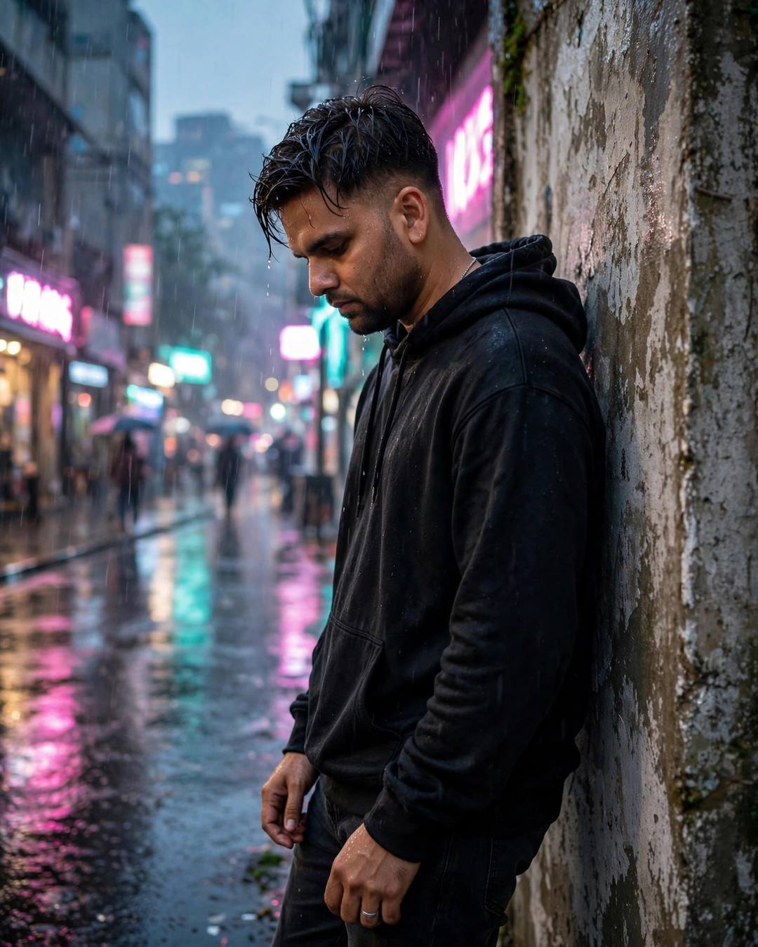 The great station clock striking four while — Railway Station portrait, black oversized hoodie and dark jeans, cinematic mood photography