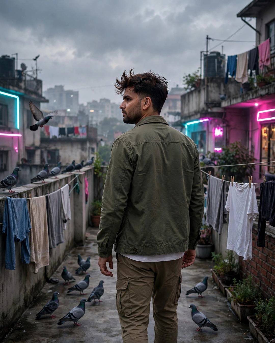 A coolie cart, a trunk, a one-way — Railway Station portrait, olive field jacket, cinematic mood photography