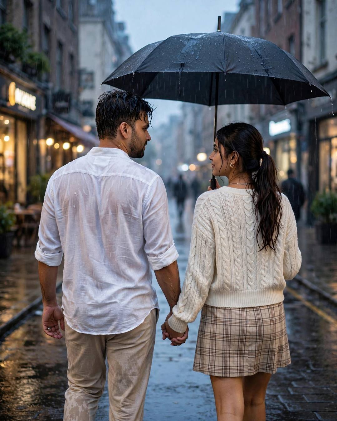 Couple walking hand in hand away from camera under a black umbrella on a rain-soaked city street, man in white linen shirt and beige trousers, woman in cream knit top and plaid skirt