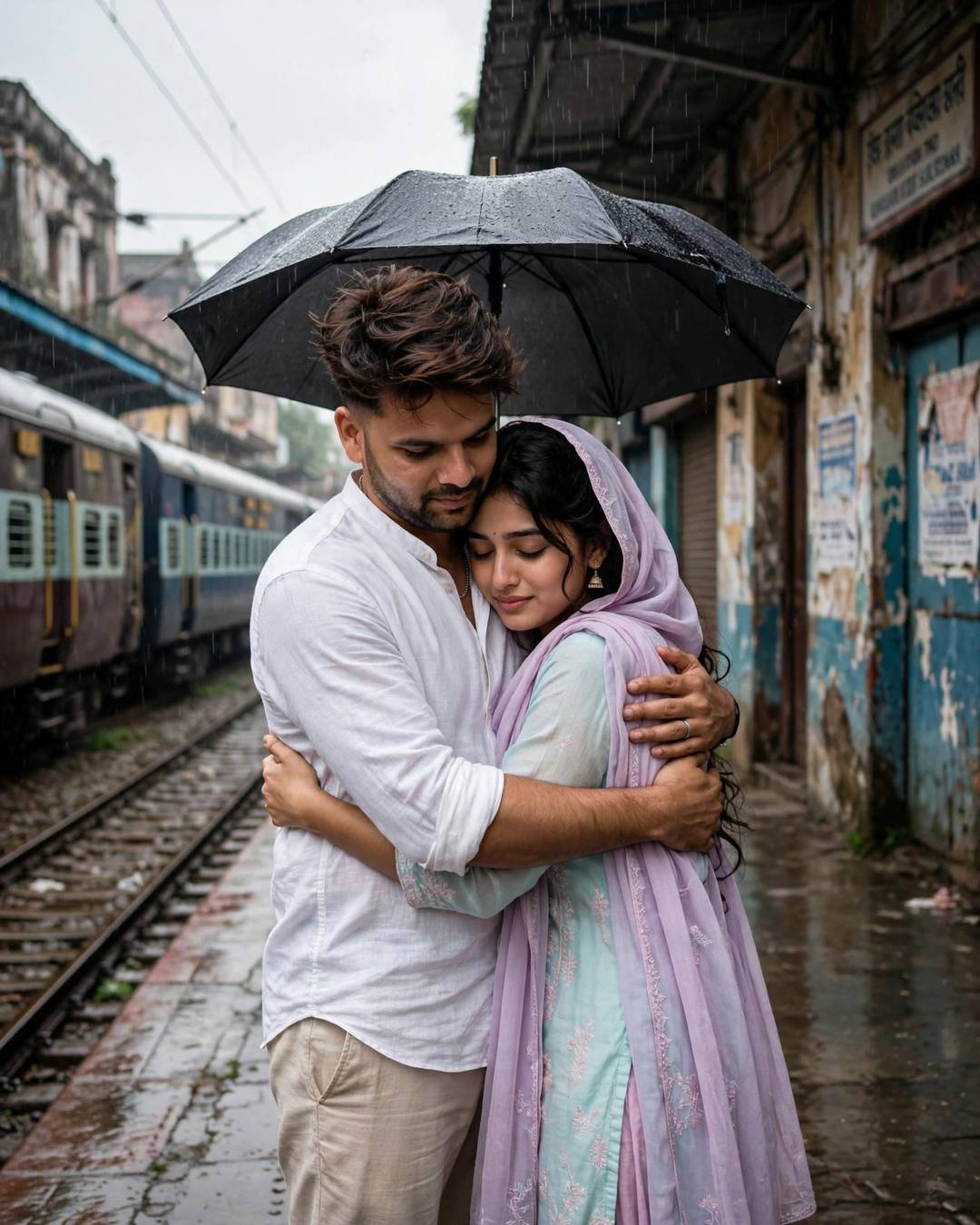 Couple sharing a last hug under an umbrella on a rainy railway platform beside a train, man in white linen shirt, woman in pastel salwar-kameez with lavender dupatta