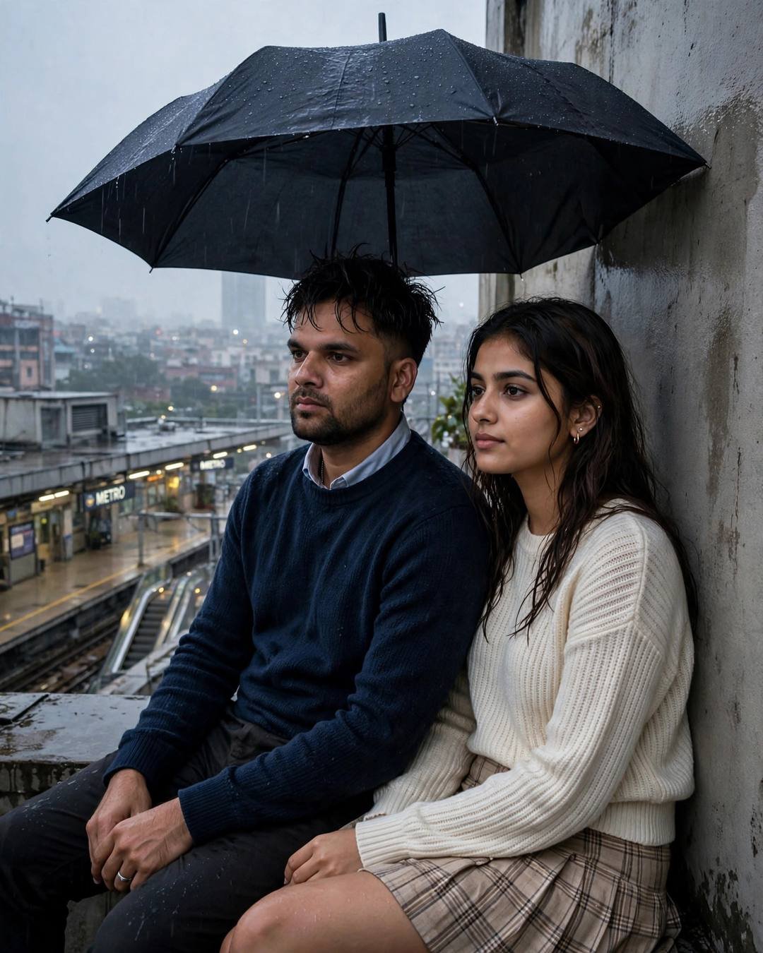 Couple sitting against a rooftop wall under a black umbrella overlooking a metro station in rain, man in navy sweater, woman in cream knit top and plaid skirt