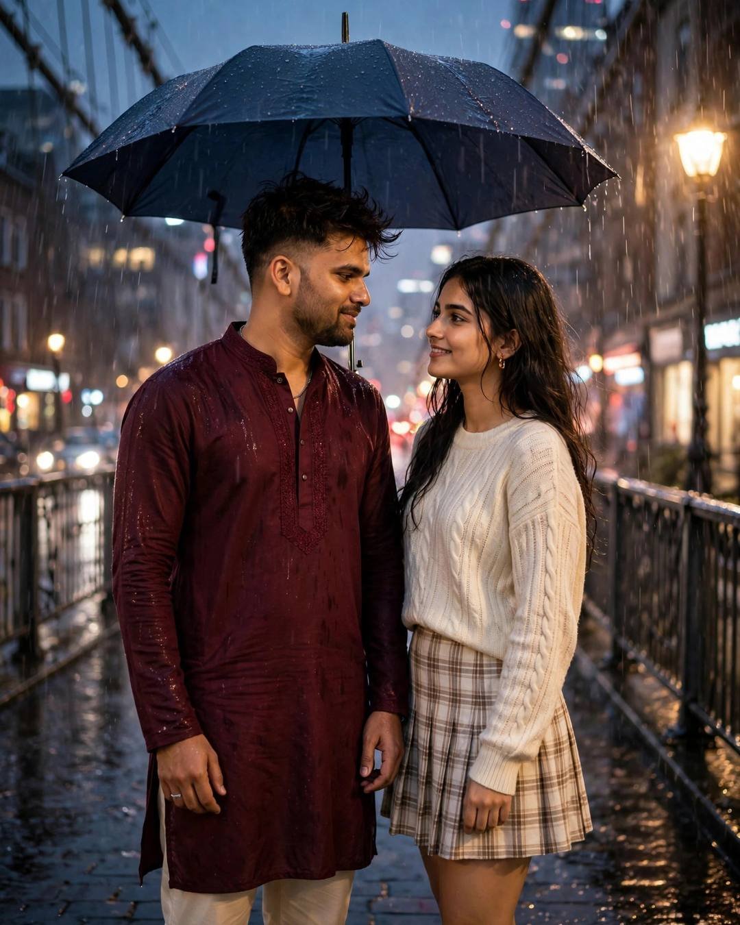 Couple standing face to face on a rainy bridge at evening under an umbrella, man in maroon kurta and cream churidar, woman in cream knit top and plaid skirt