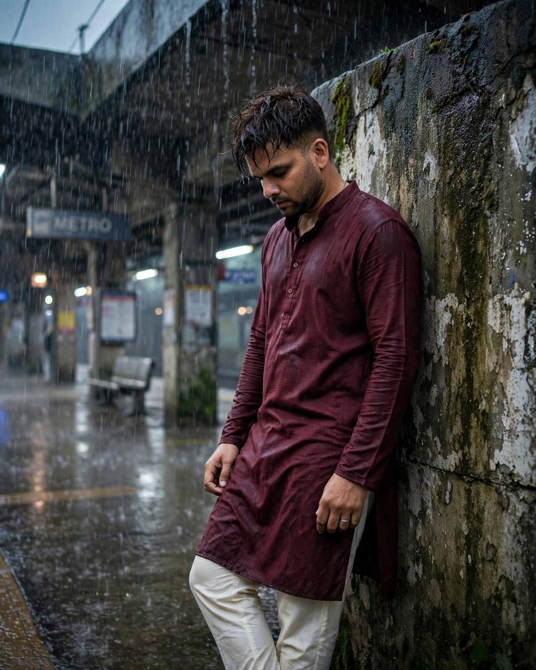 Man in maroon kurta and cream churidar leaning against a weathered wall at a metro station in heavy rain, head bowed