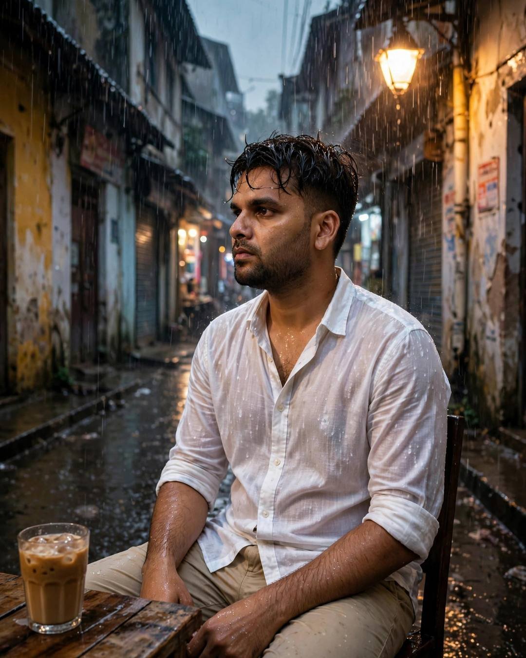 Man in white linen shirt and beige trousers sitting at a cafe table in a rainy old-city lane under a warm streetlamp