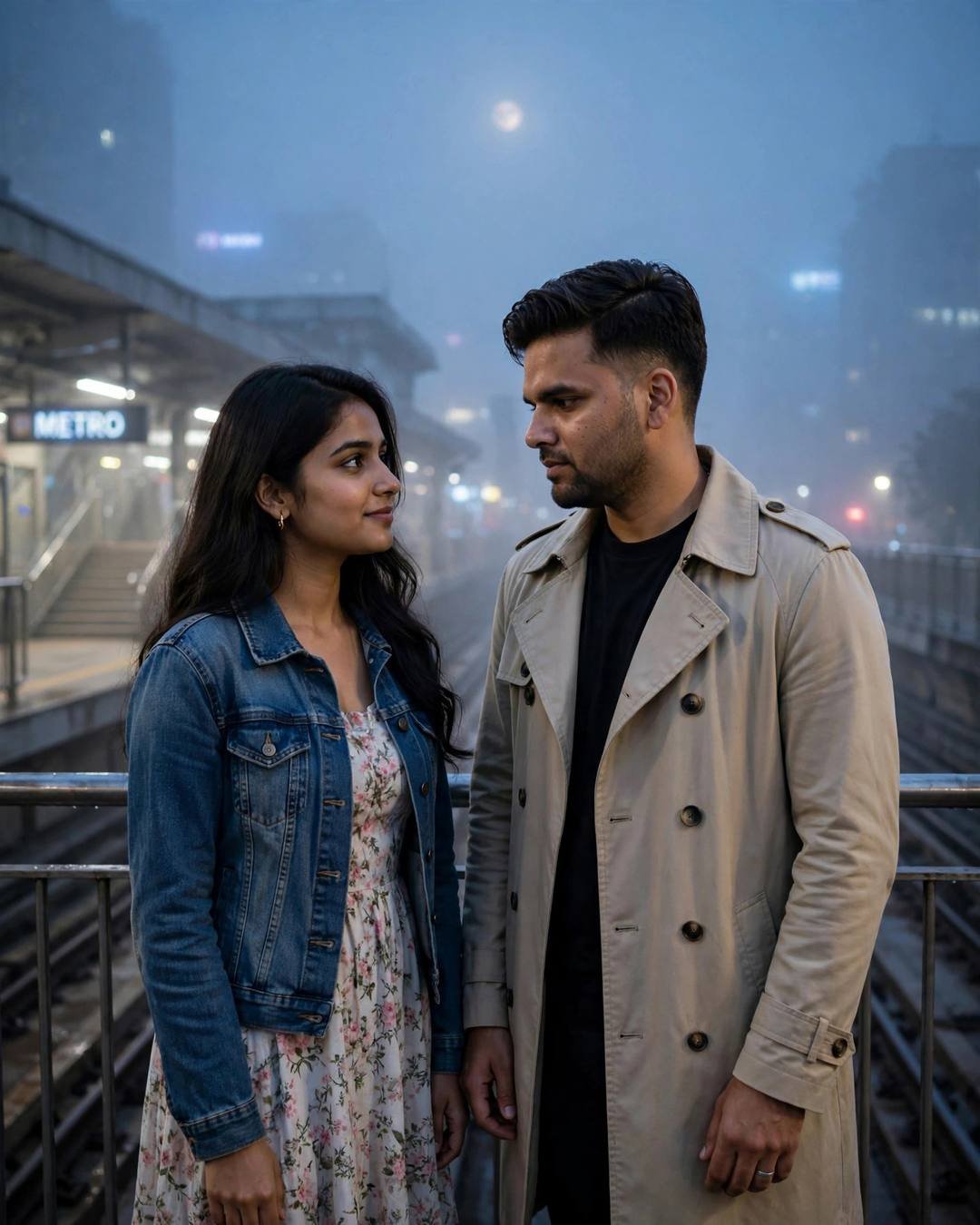 The whole neighbourhood lane gathering outside their — Reunion cinematic AI photo, beige trench coat over dark layers, neatly combed side part, standing on a bridge, looking at each other while the city blurs at midnight metro station; dense fog, dawn with moonlight with deep shadows