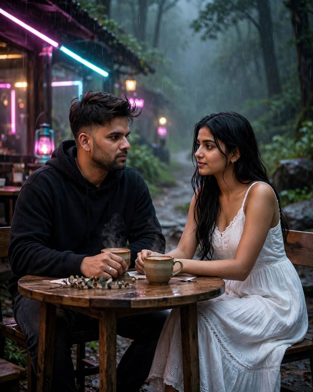 A homecoming garlanded with marigolds — Reunion cinematic AI photo, black oversized hoodie and dark jeans, windswept textured hair, sitting across a small cafe table, hands almost touching over cups at misty forest path; drizzle, midnight with neon pink and cyan spill