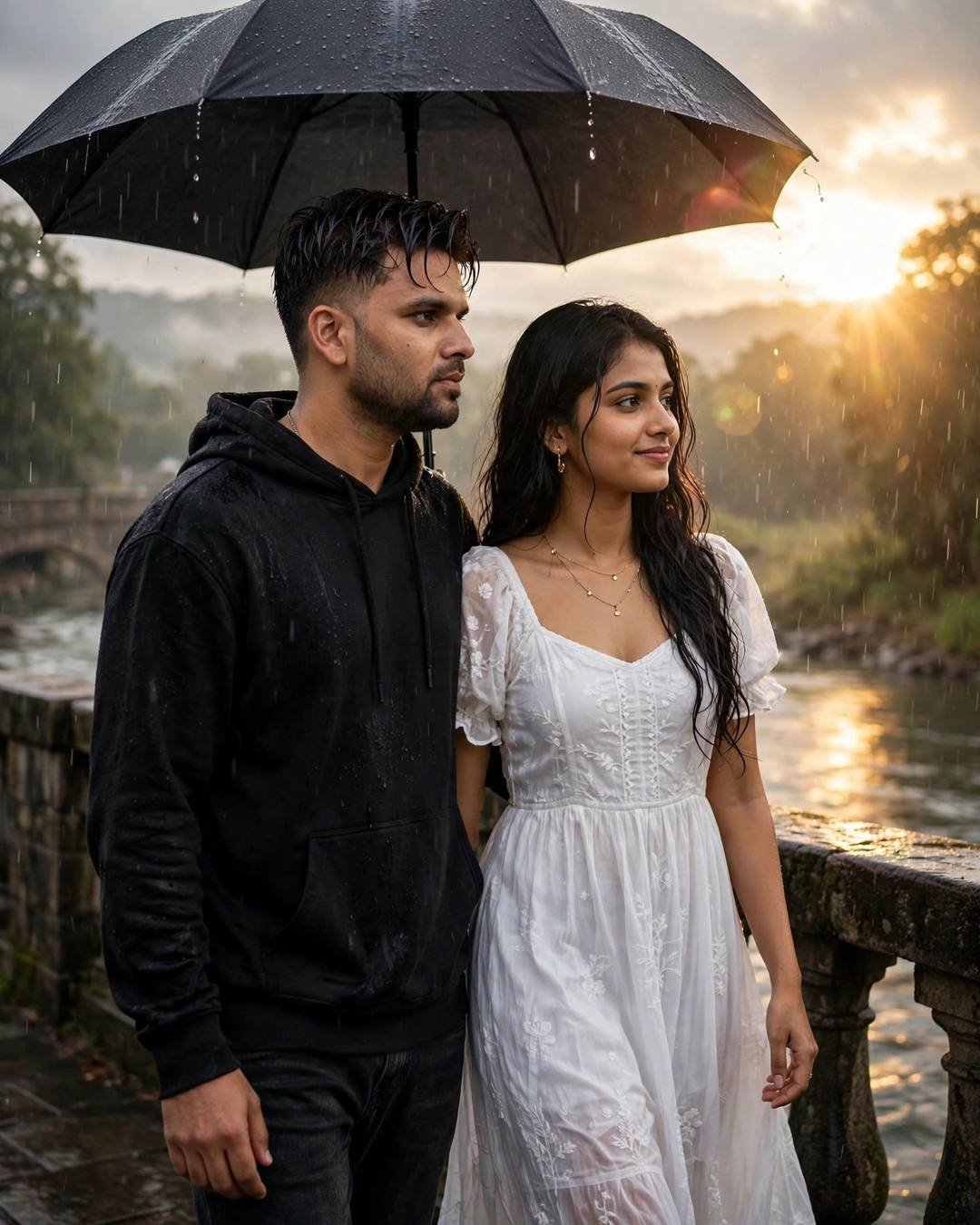 Foreheads touching as the sun sets behind — Romantic Couple AI portrait, black oversized hoodie and dark jeans, damp rain-wet hair, at a bridge over a slow river