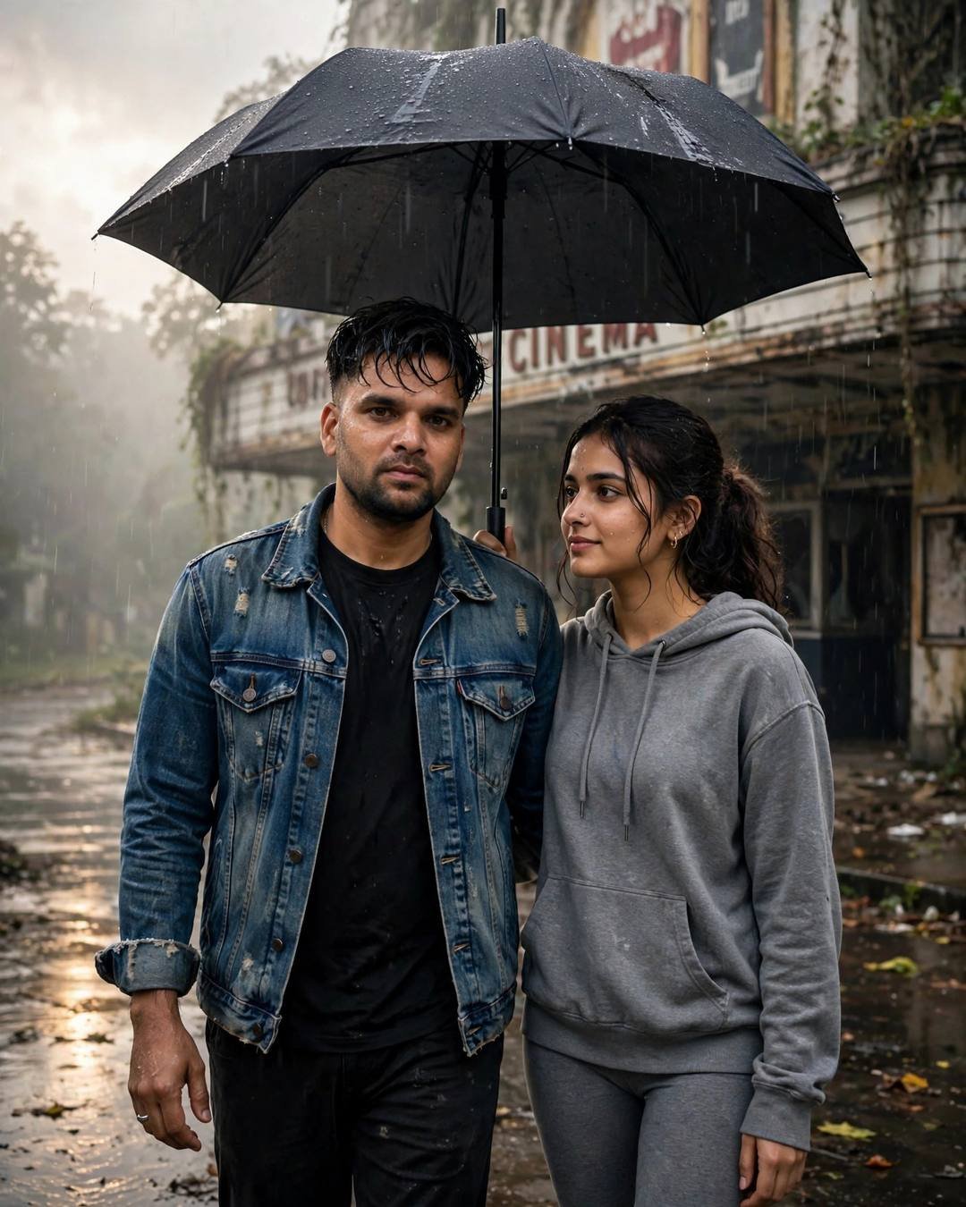 Couple walking side by side under one umbrella outside an abandoned cinema hall in drizzle and fog, man in distressed denim jacket, woman in grey hoodie and leggings