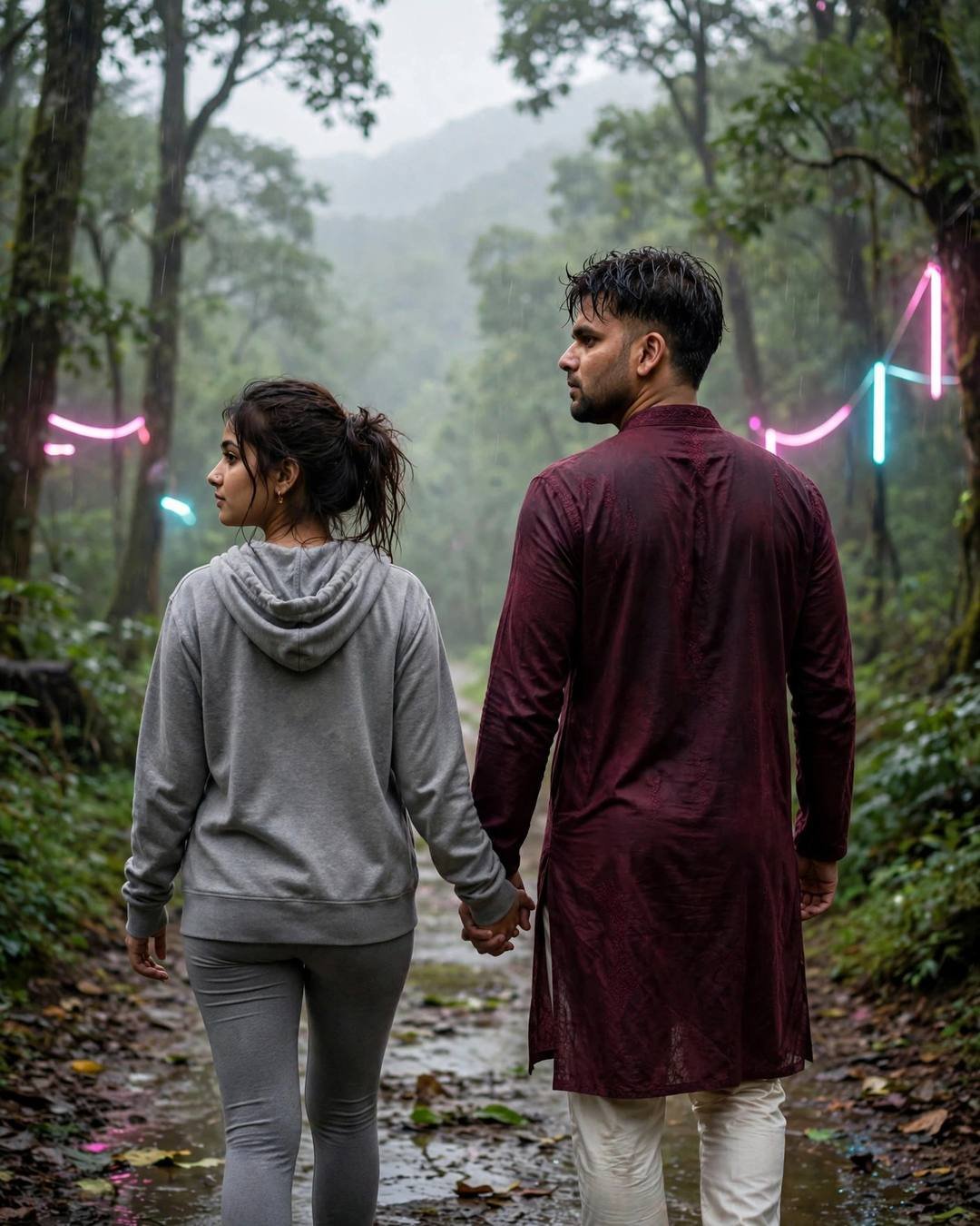 Couple walking hand in hand away down a misty forest path in drizzle with neon pink and cyan glow, man in maroon kurta, woman in grey hoodie and leggings
