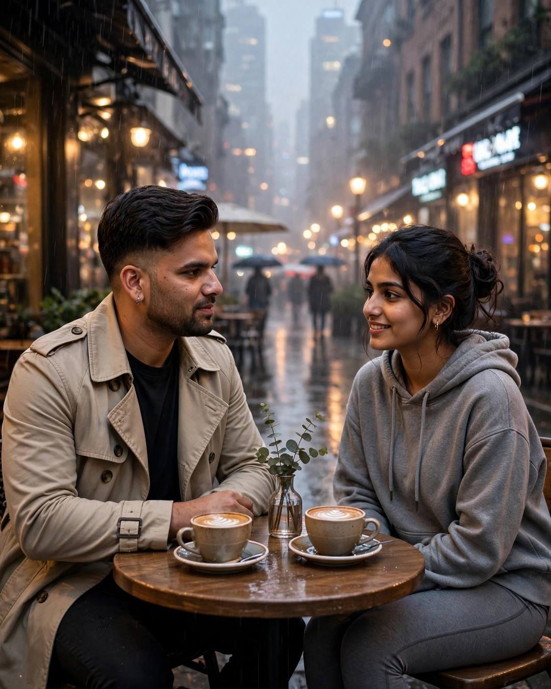 Sharing a pair of earphones, humming a — Rooftop portrait, beige trench coat over dark layers, cinematic mood photography
