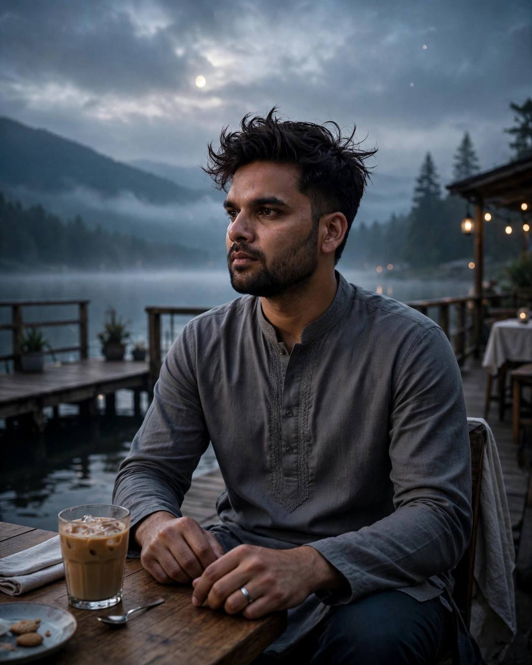 Sitting alone in the back of a — Sad Attitude cinematic AI photo, grey kurta with dark pajama, windswept textured hair, sitting at a cafe table, cradling a cold coffee, lost in thought at quiet lake pier at dawn; overcast gloom, late evening with moonlight with deep shadows