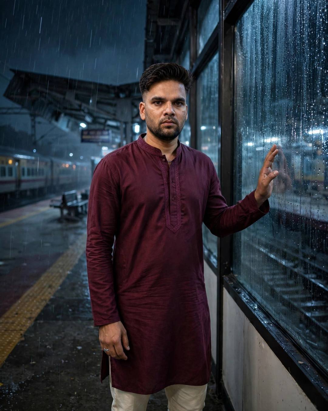 A black mask of cool indifference stretched — Sad Attitude cinematic AI photo, maroon kurta with cream churidar, neatly combed side part, standing at a rain-streaked window, one hand on the glass at empty railway platform at night; drizzle, midnight with diffused overcast daylight