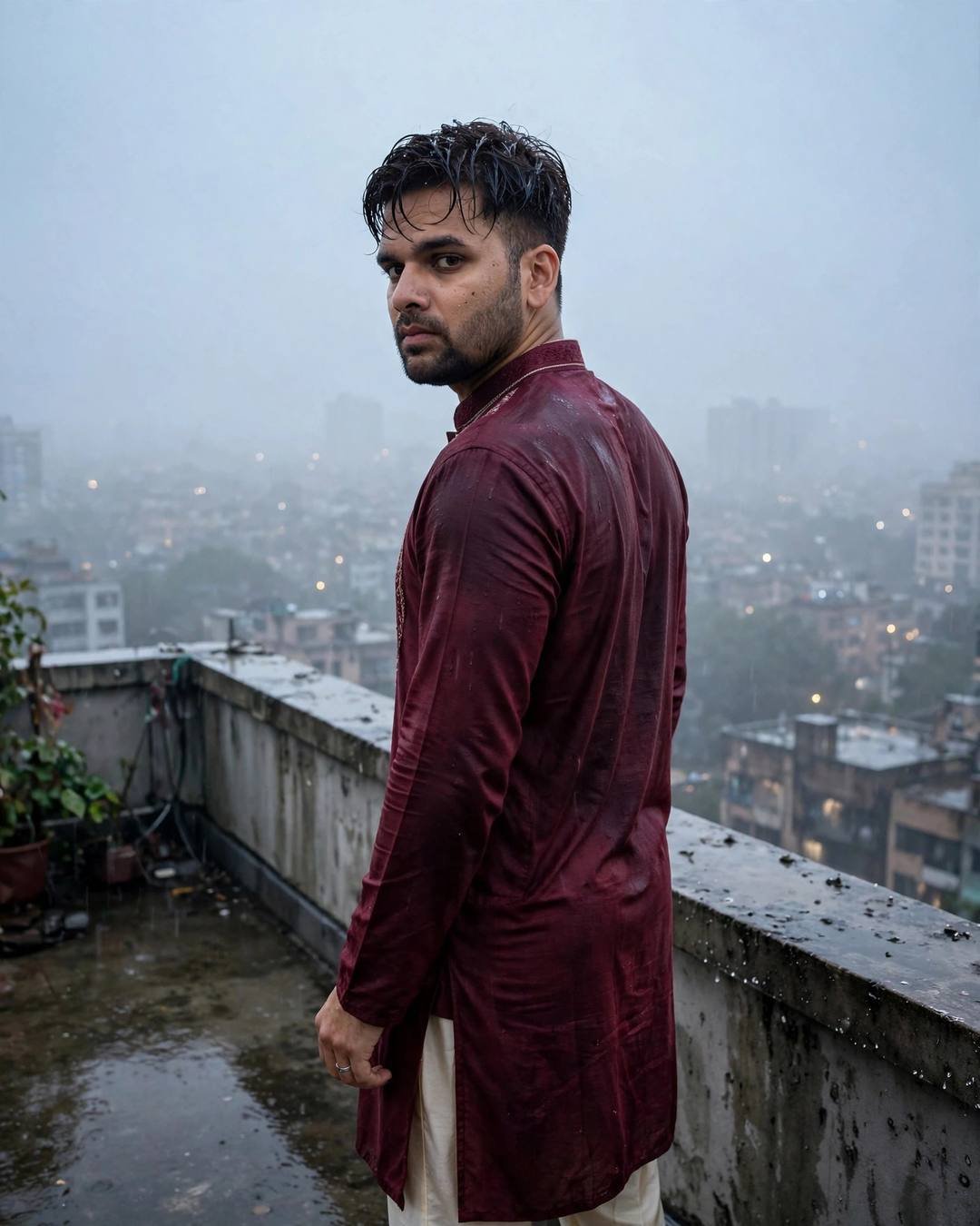 Designer jacket, empty stare — Sad Attitude cinematic AI photo, maroon kurta with cream churidar, damp rain-wet hair, back to the camera, looking over one shoulder at rooftop overlooking sleeping city lights; overcast gloom, dawn with pale dawn light through fog