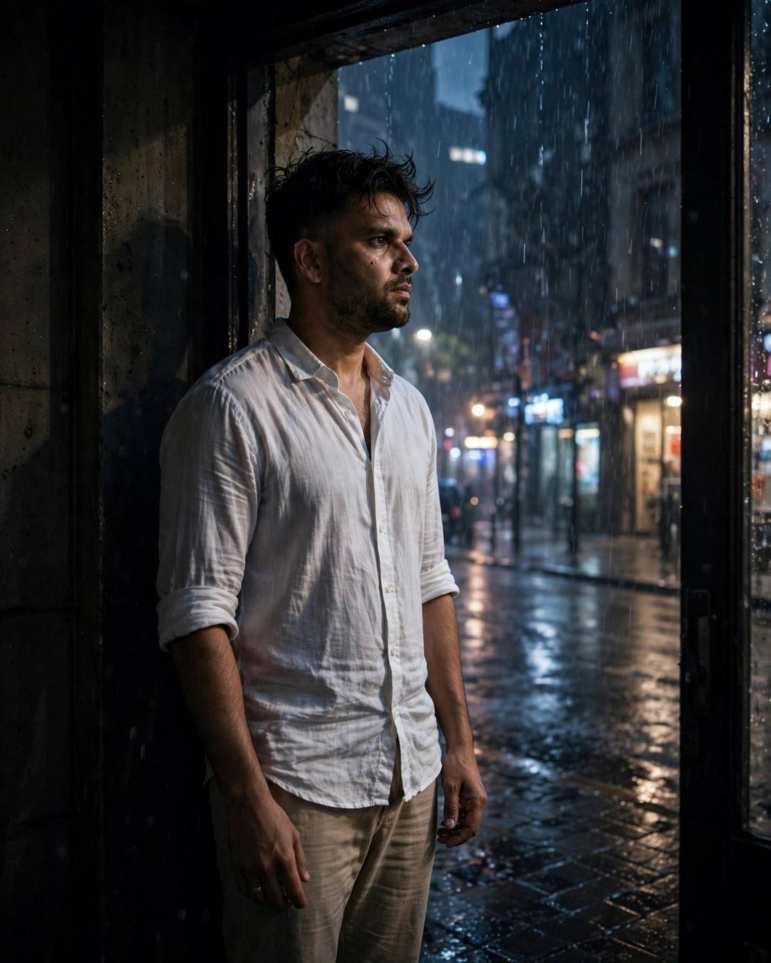 Leaning on a sports bike, lost in — Sad Attitude cinematic AI photo, white linen shirt with rolled sleeves, beige trousers, slightly messy morning hair, standing in a doorway, half in shadow at rain-soaked city street; drizzle, midnight with rain-diffused city glow
